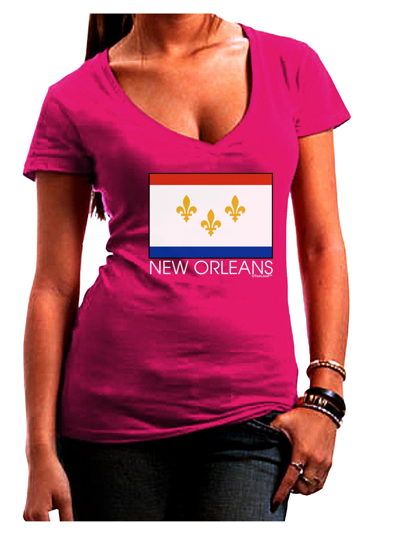New Orleans Louisiana Flag Text Womens V-Neck Dark T-Shirt-Womens V-Neck T-Shirts-TooLoud-Hot-Pink-Juniors Fitted Small-Davson Sales