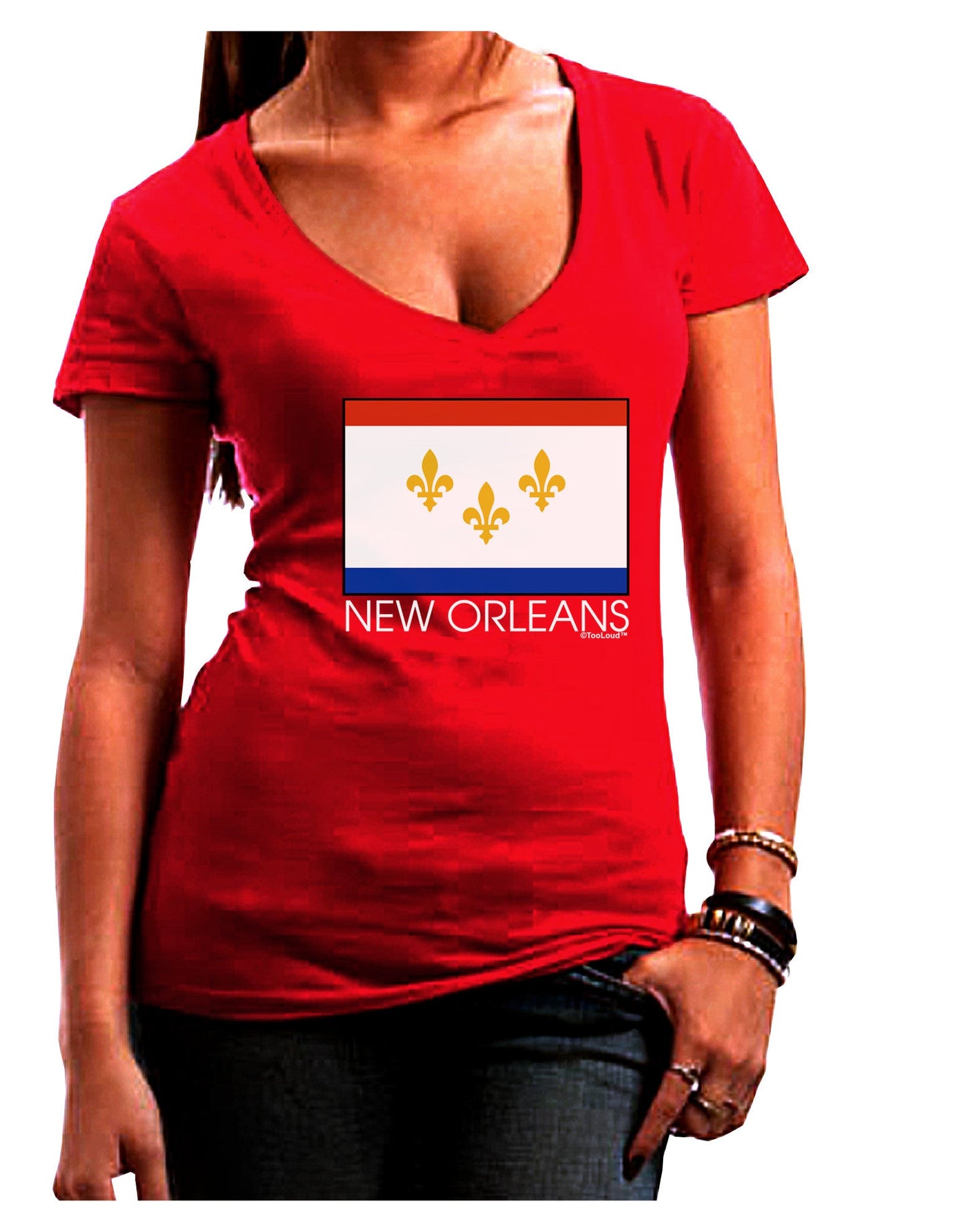 New Orleans Louisiana Flag Text Womens V-Neck Dark T-Shirt-Womens V-Neck T-Shirts-TooLoud-Red-Juniors Fitted Small-Davson Sales