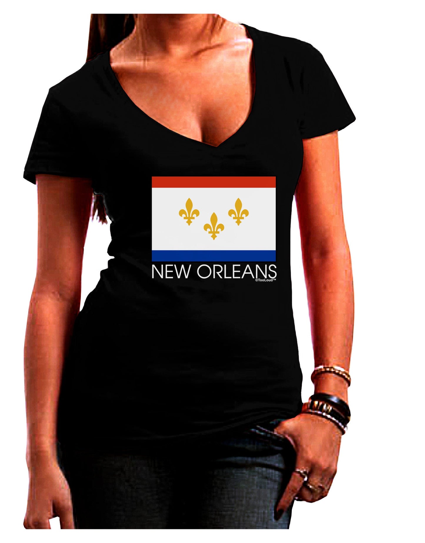 New Orleans Louisiana Flag Text Womens V-Neck Dark T-Shirt-Womens V-Neck T-Shirts-TooLoud-Black-Juniors Fitted Small-Davson Sales