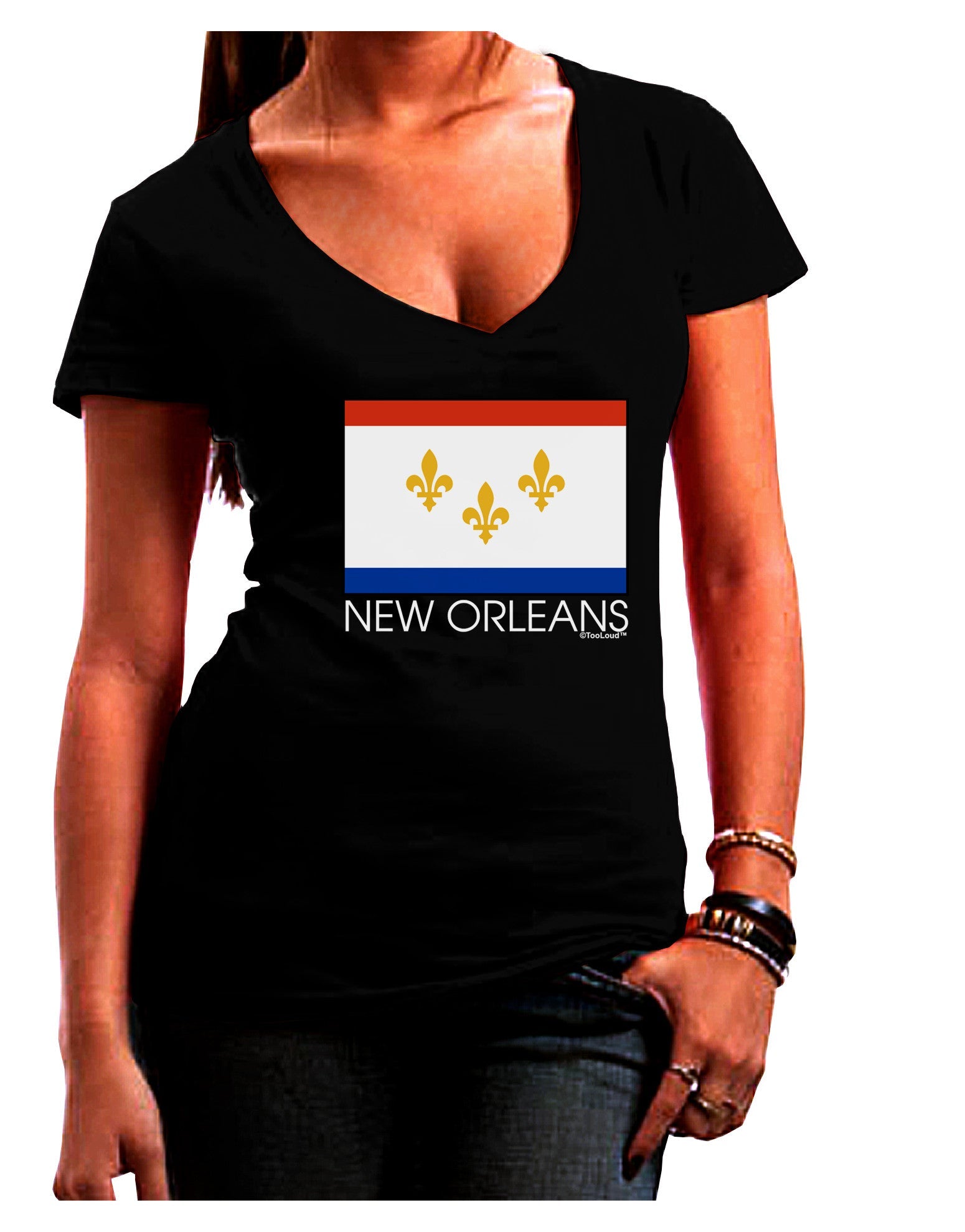 New Orleans Louisiana Flag Text Womens V-Neck Dark T-Shirt-Womens V-Neck T-Shirts-TooLoud-Black-Juniors Fitted Small-Davson Sales