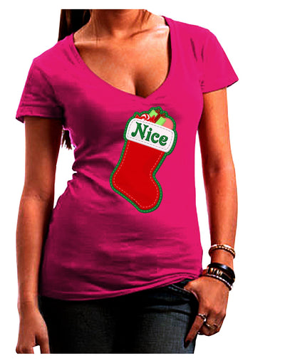 Nice Stocking Cute Christmas Juniors V-Neck Dark T-Shirt-Womens V-Neck T-Shirts-TooLoud-Hot-Pink-Juniors Fitted Small-Davson Sales