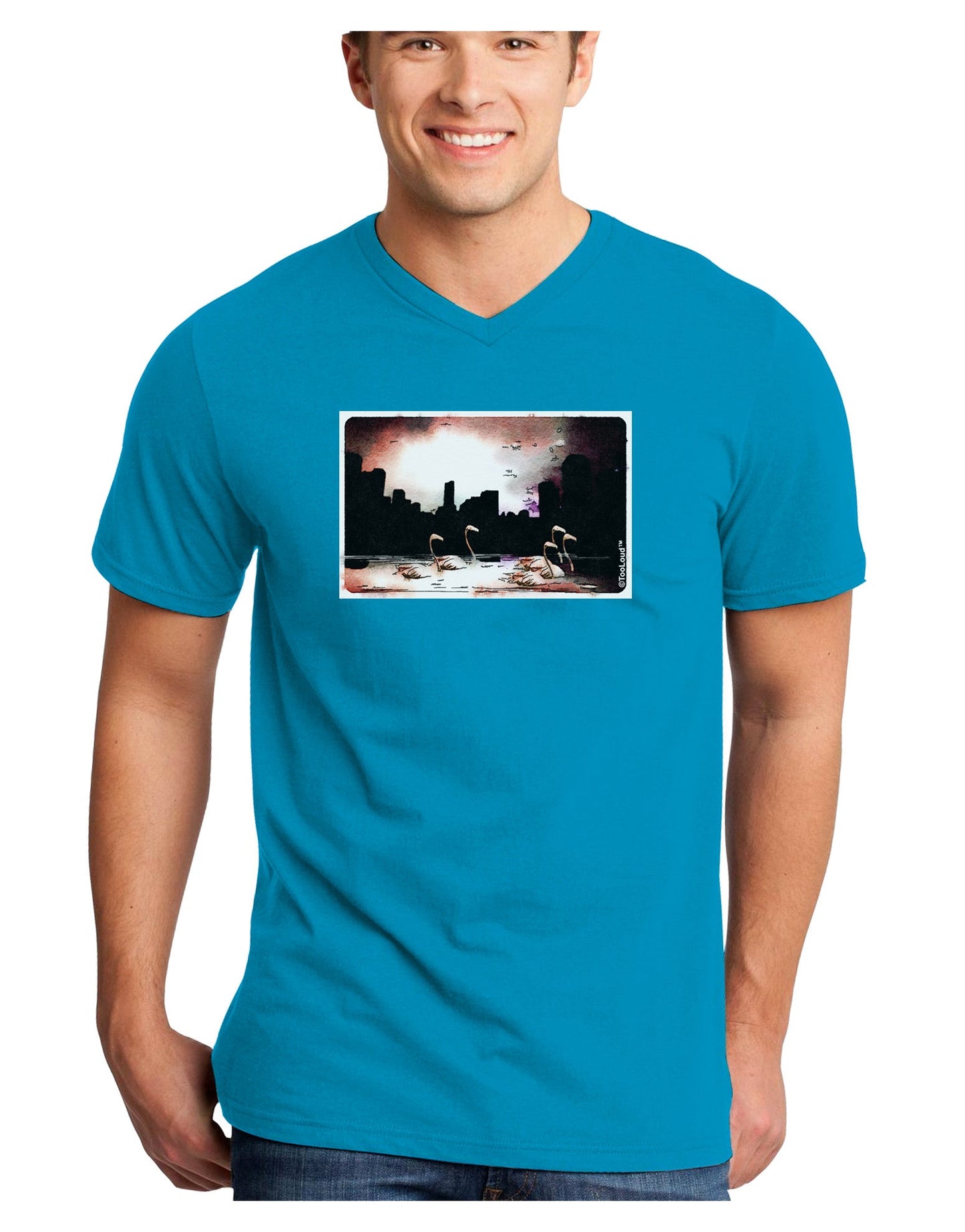 Nighttime Flamingos Adult Dark V-Neck T-Shirt-TooLoud-Turquoise-Small-Davson Sales
