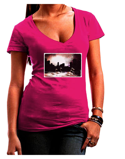 Nighttime Flamingos Juniors V-Neck Dark T-Shirt-Womens V-Neck T-Shirts-TooLoud-Hot-Pink-Juniors Fitted Small-Davson Sales