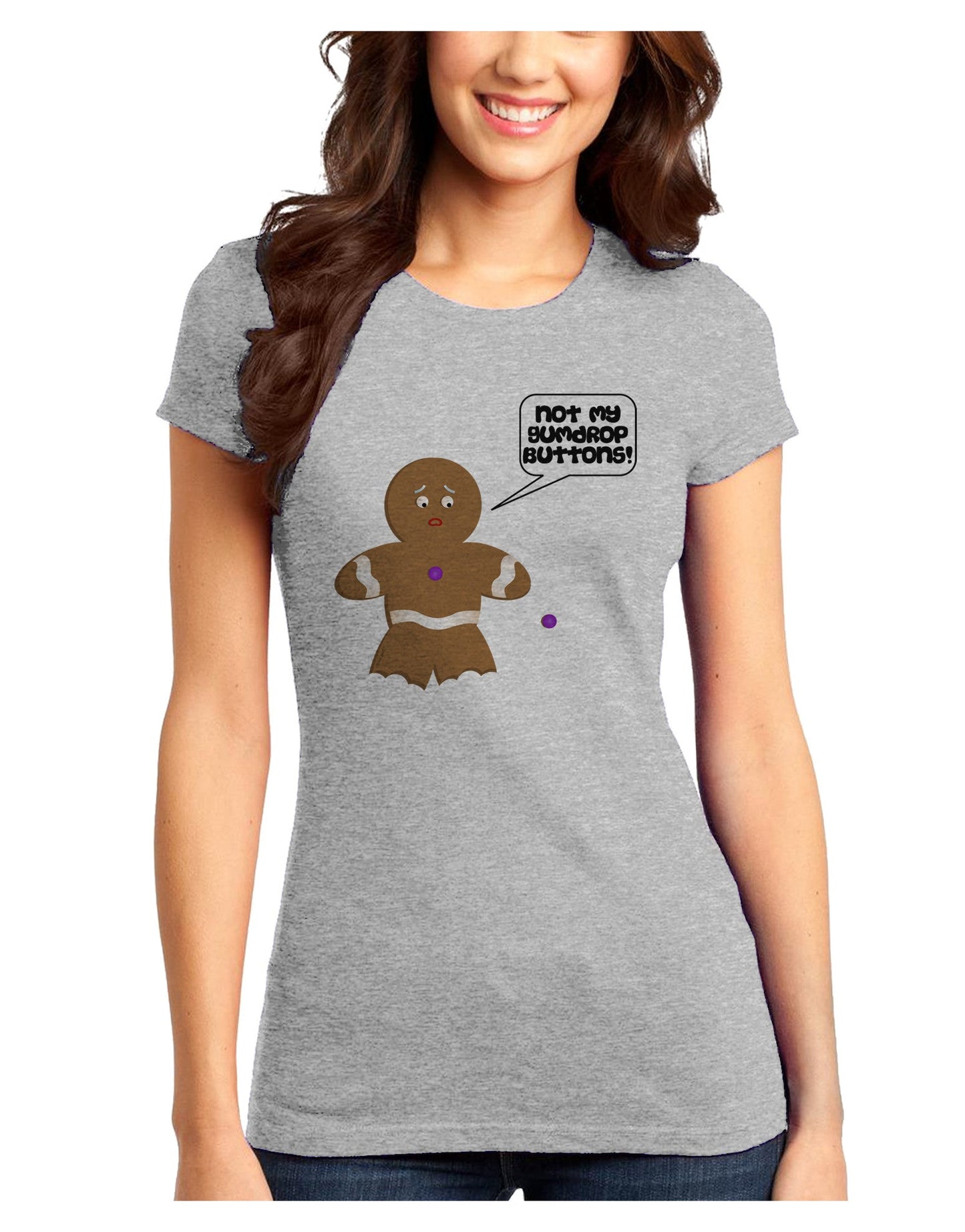 Not My Gumdrop Buttons Gingerbread Man Christmas Juniors T-Shirt-Womens Juniors T-Shirt-TooLoud-Ash-Gray-Juniors Fitted XS-Davson Sales