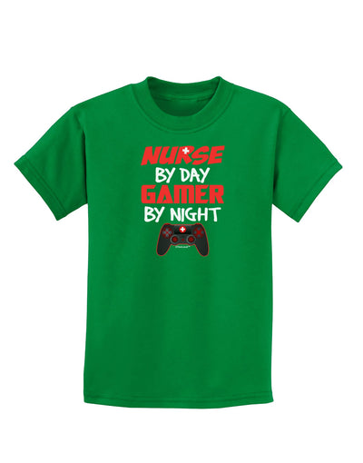 Nurse By Day Gamer By Night Childrens Dark T-Shirt-Childrens T-Shirt-TooLoud-Kelly-Green-X-Small-Davson Sales