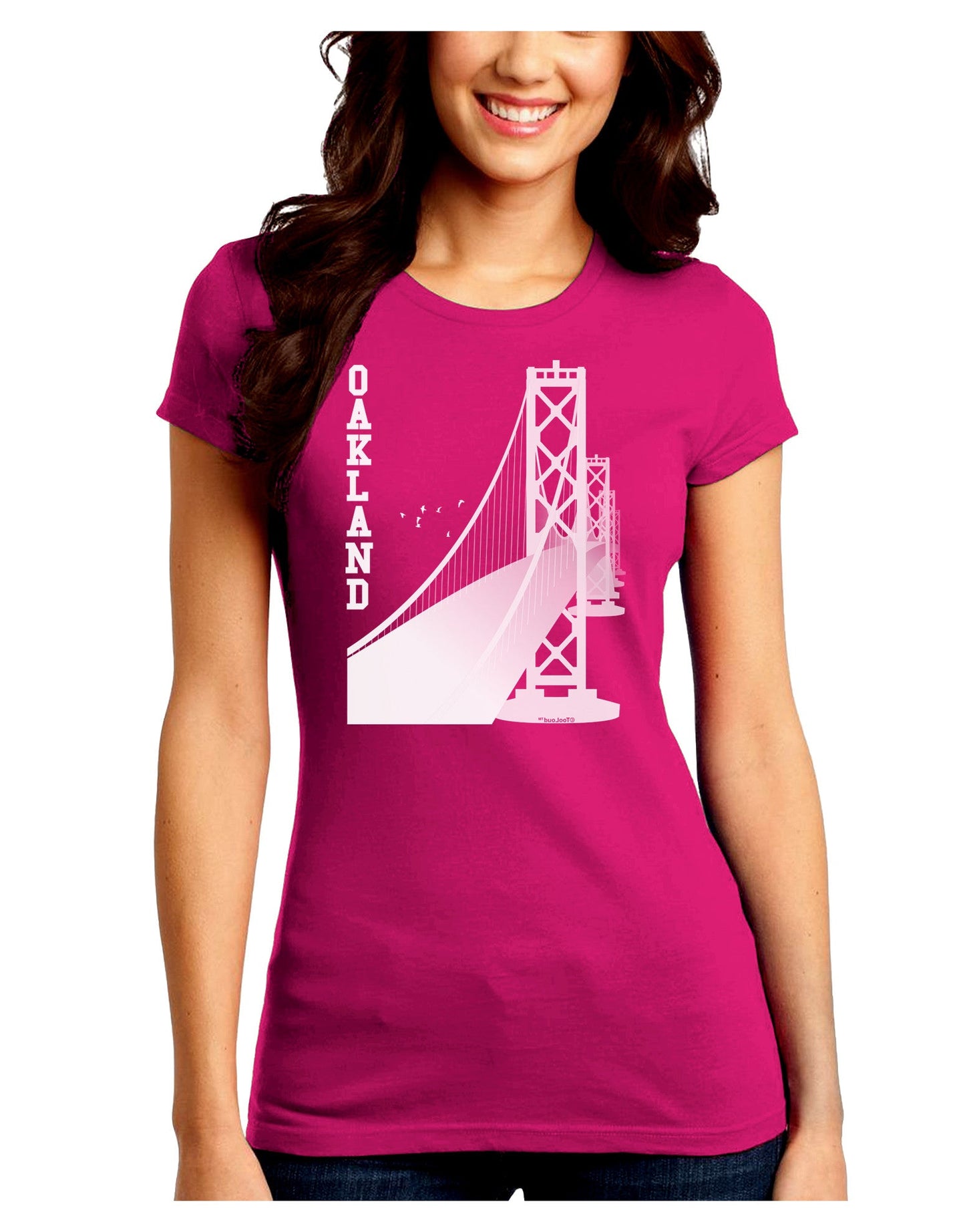 Oakland Text Bay Bridge Juniors Petite Crew Dark T-Shirt-T-Shirts Juniors Tops-TooLoud-Hot-Pink-Juniors Fitted Small-Davson Sales