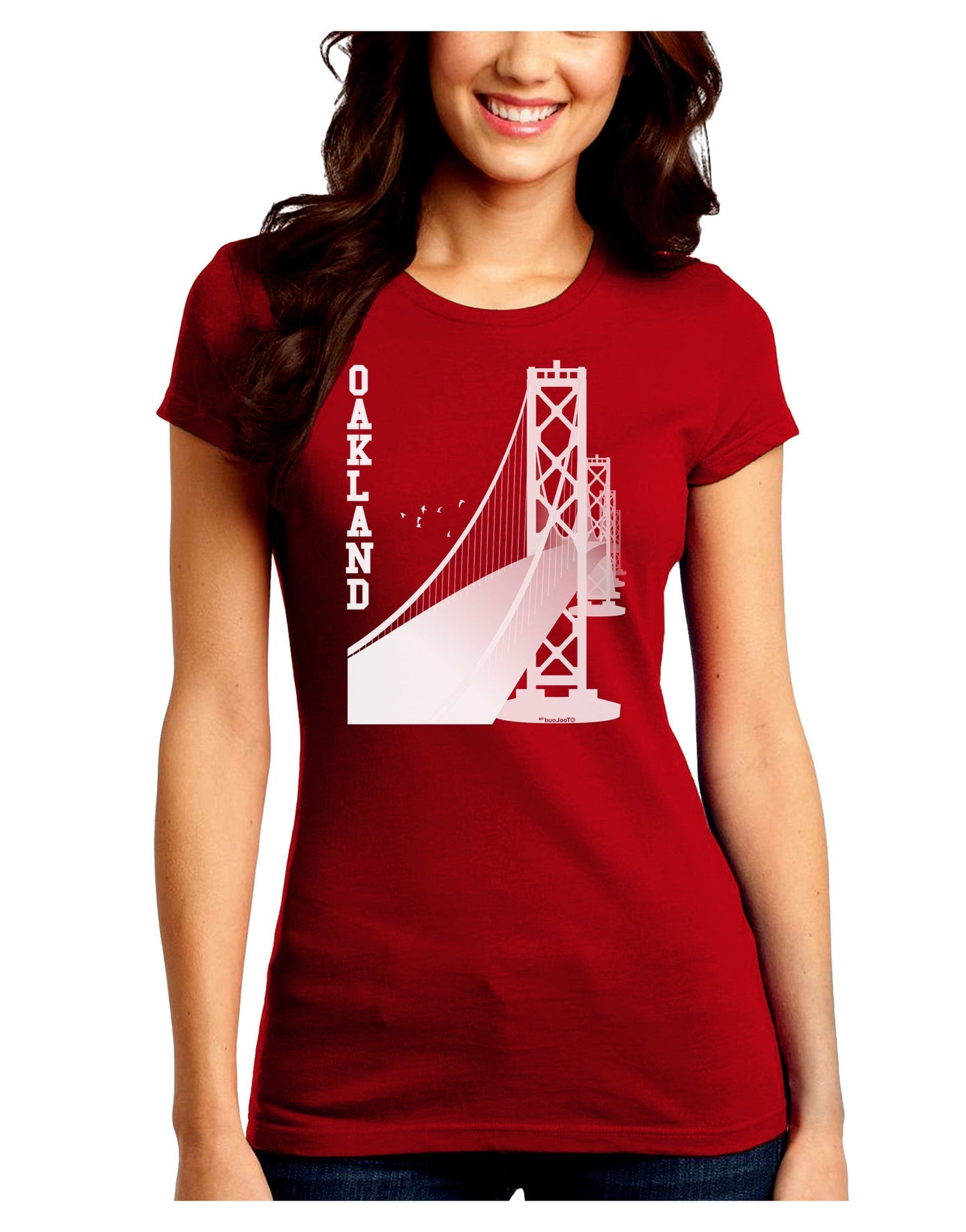 Oakland Text Bay Bridge Juniors Petite Crew Dark T-Shirt-T-Shirts Juniors Tops-TooLoud-Red-Juniors Fitted Small-Davson Sales