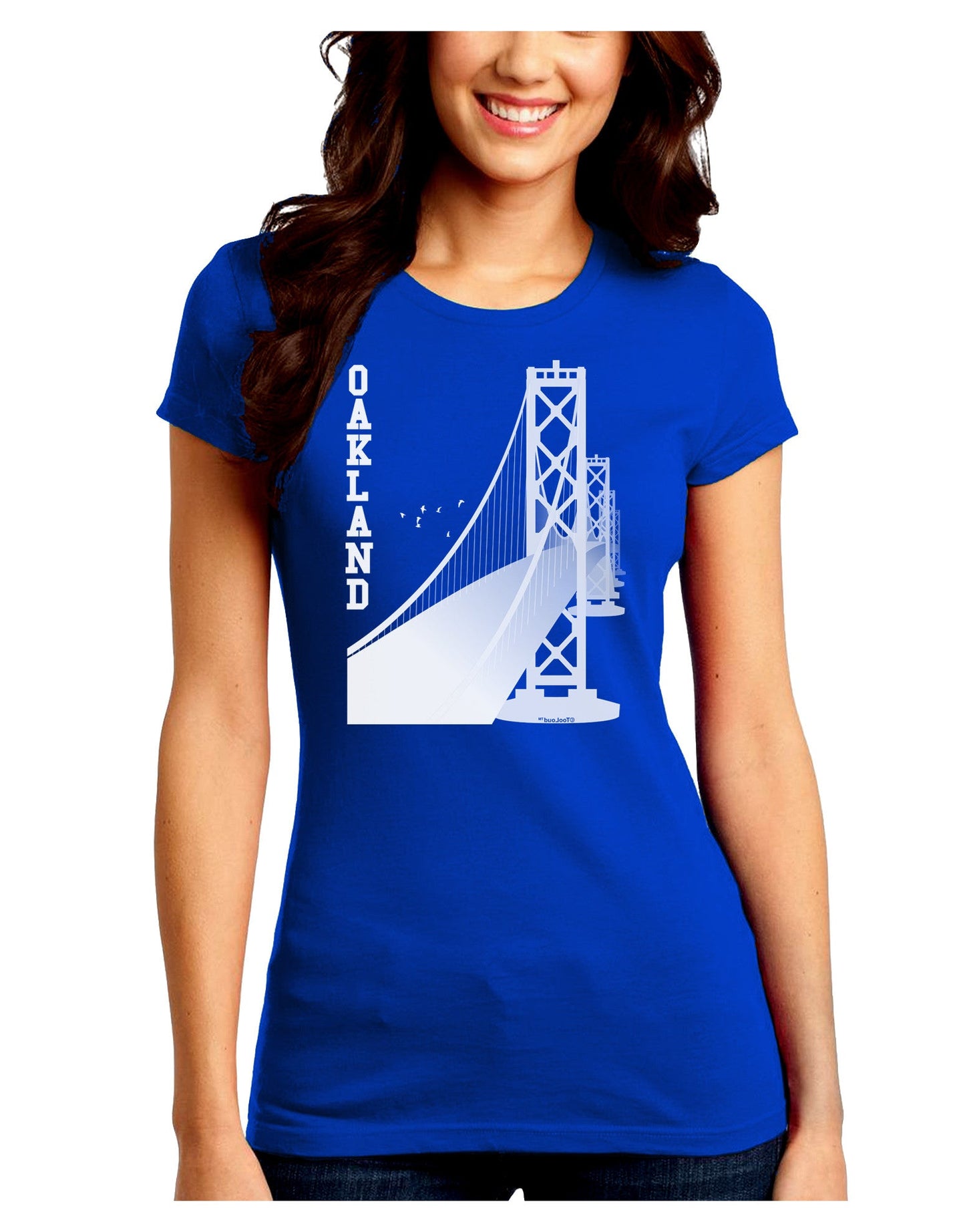 Oakland Text Bay Bridge Juniors Petite Crew Dark T-Shirt-T-Shirts Juniors Tops-TooLoud-Royal-Blue-Juniors Fitted Small-Davson Sales