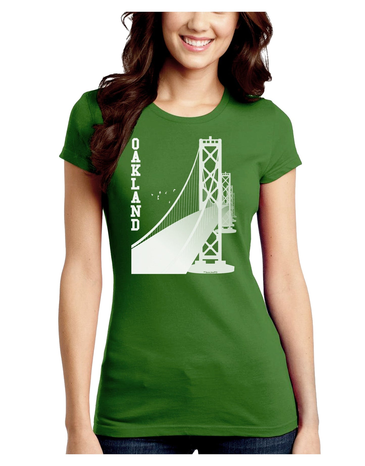 Oakland Text Bay Bridge Juniors Petite Crew Dark T-Shirt-T-Shirts Juniors Tops-TooLoud-Kiwi-Green-Juniors Fitted Small-Davson Sales