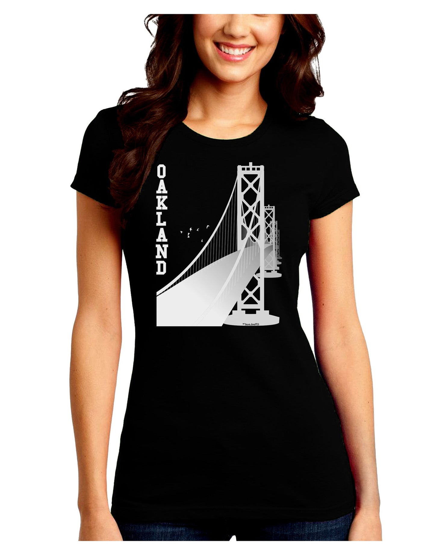 Oakland Text Bay Bridge Juniors Petite Crew Dark T-Shirt-T-Shirts Juniors Tops-TooLoud-Black-Juniors Fitted Small-Davson Sales