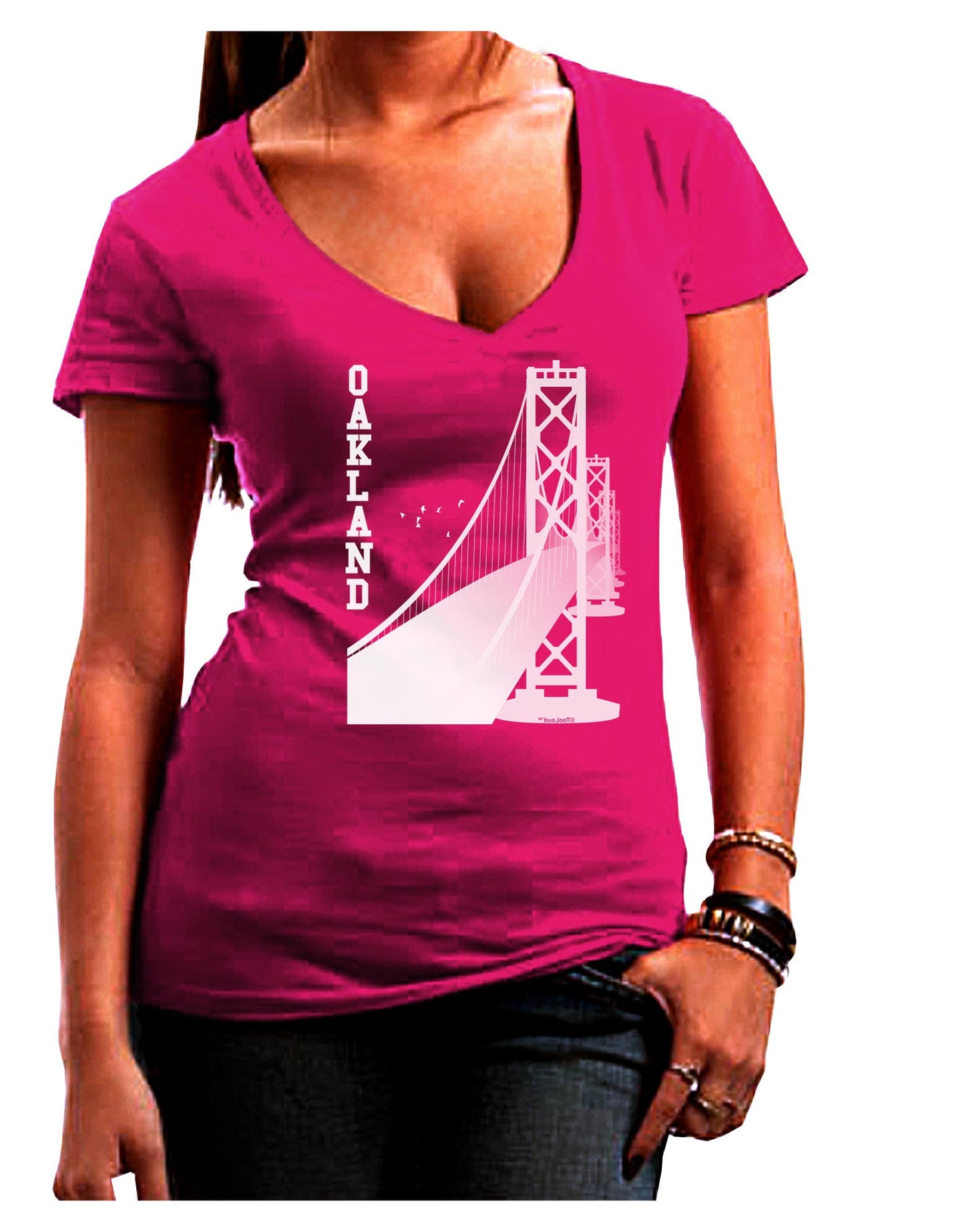Oakland Text Bay Bridge Womens V-Neck Dark T-Shirt-Womens V-Neck T-Shirts-TooLoud-Hot-Pink-Juniors Fitted Small-Davson Sales