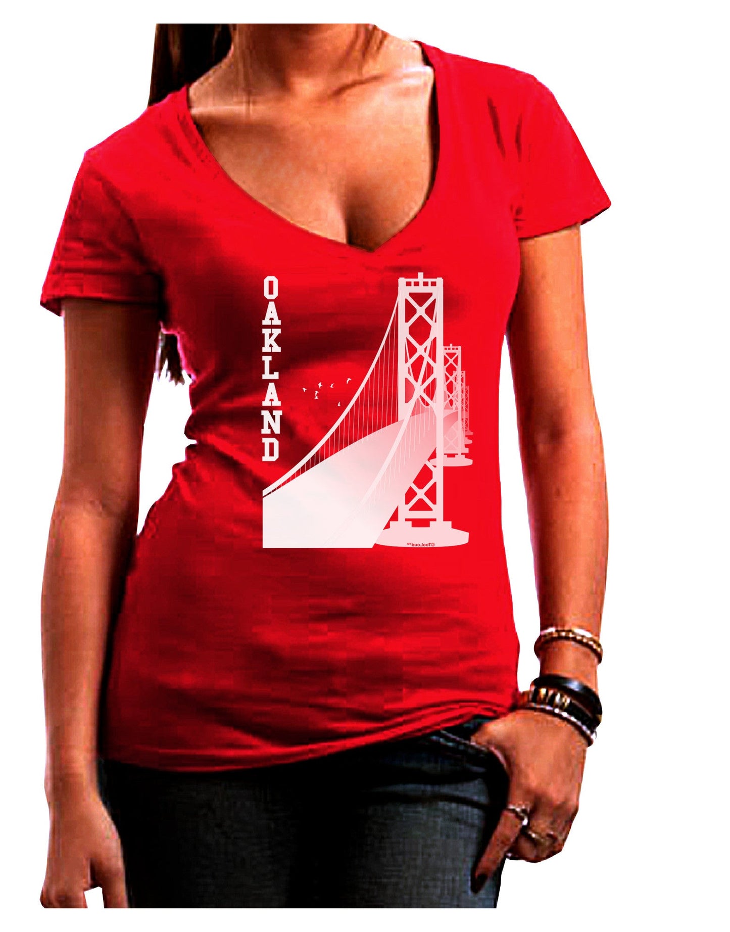 Oakland Text Bay Bridge Womens V-Neck Dark T-Shirt-Womens V-Neck T-Shirts-TooLoud-Red-Juniors Fitted Small-Davson Sales