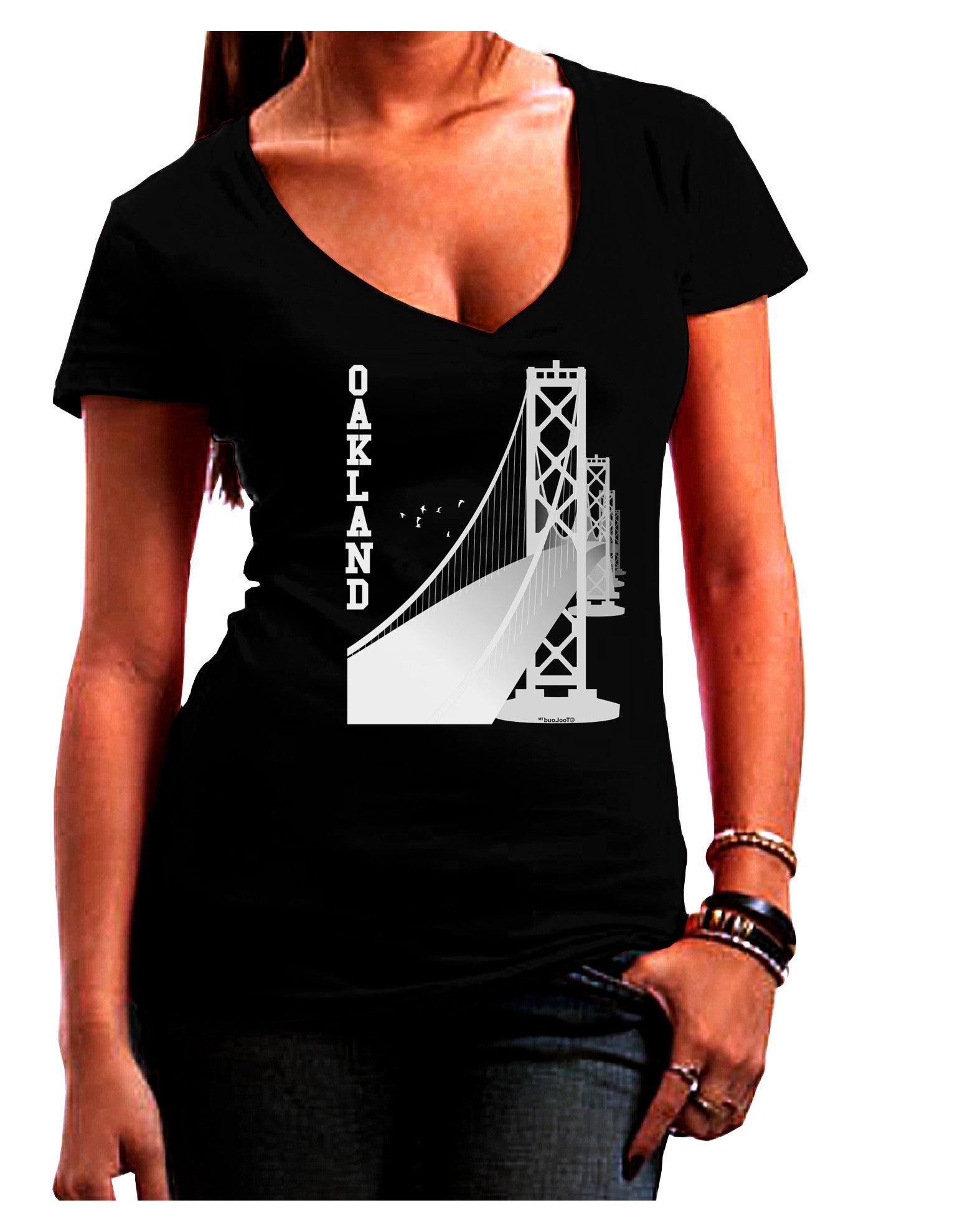 Oakland Text Bay Bridge Womens V-Neck Dark T-Shirt-Womens V-Neck T-Shirts-TooLoud-Black-Juniors Fitted Small-Davson Sales