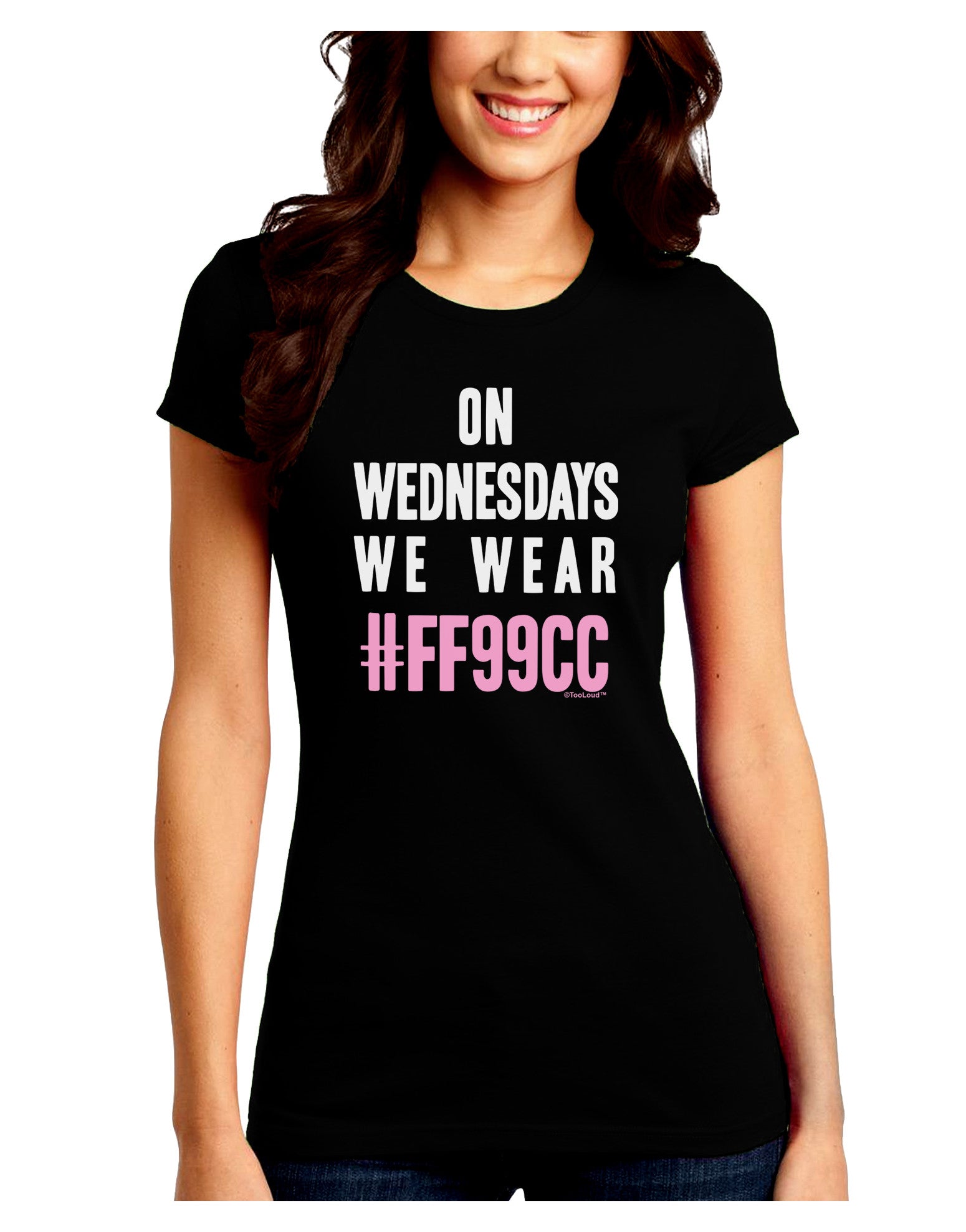 On Wednesdays We Wear FF99CC Juniors Petite Crew Dark T-Shirt-T-Shirts Juniors Tops-TooLoud-Black-Juniors Fitted Small-Davson Sales