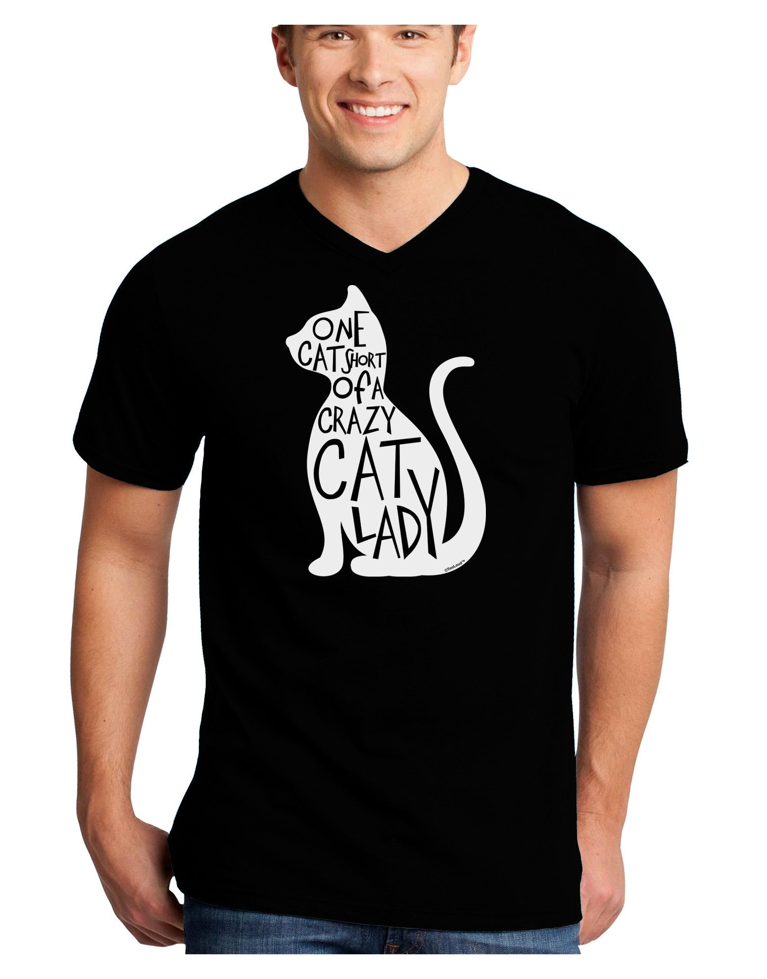 One Cat Short Of A Crazy Cat Lady Adult Dark V-Neck T-Shirt-TooLoud-Black-Small-Davson Sales