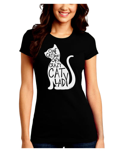 One Cat Short Of A Crazy Cat Lady Juniors Crew Dark T-Shirt-T-Shirts Juniors Tops-TooLoud-Black-Juniors Fitted Small-Davson Sales