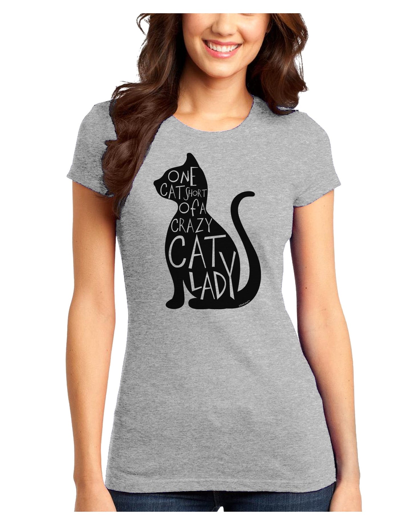 One Cat Short Of A Crazy Cat Lady Juniors T-Shirt-Womens Juniors T-Shirt-TooLoud-Ash-Gray-Juniors Fitted X-Small-Davson Sales