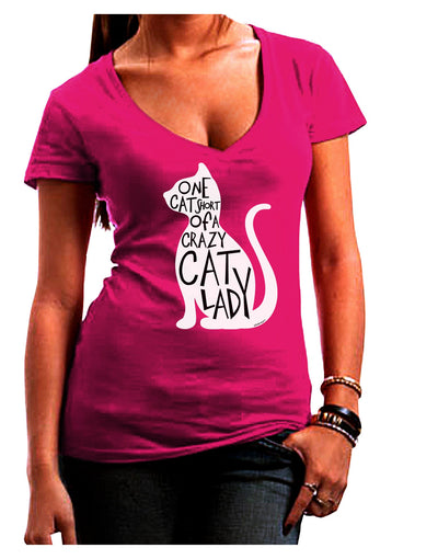 One Cat Short Of A Crazy Cat Lady Juniors V-Neck Dark T-Shirt-Womens V-Neck T-Shirts-TooLoud-Hot-Pink-Juniors Fitted Small-Davson Sales