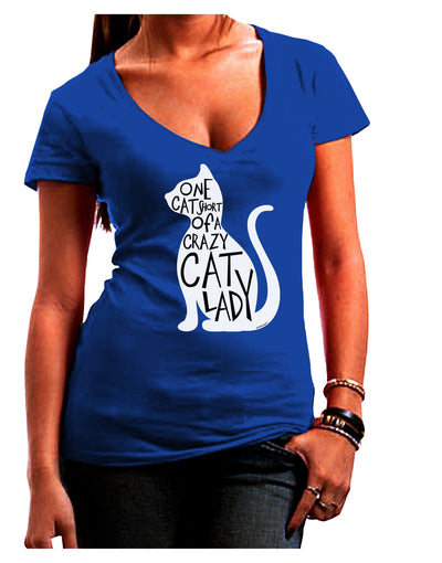 One Cat Short Of A Crazy Cat Lady Juniors V-Neck Dark T-Shirt-Womens V-Neck T-Shirts-TooLoud-Royal-Blue-Juniors Fitted Small-Davson Sales