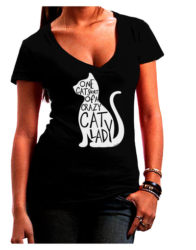 One Cat Short Of A Crazy Cat Lady Juniors V-Neck Dark T-Shirt-Womens V-Neck T-Shirts-TooLoud-Black-Juniors Fitted Small-Davson Sales