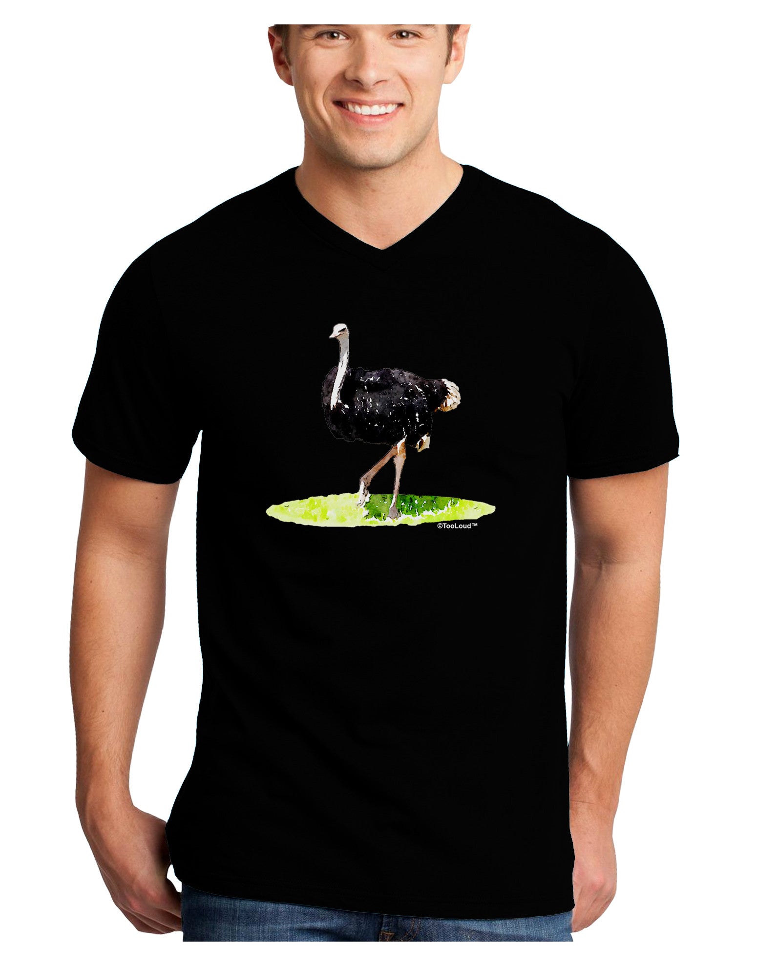 Ostrich Watercolor Adult Dark V-Neck T-Shirt-TooLoud-Black-Small-Davson Sales