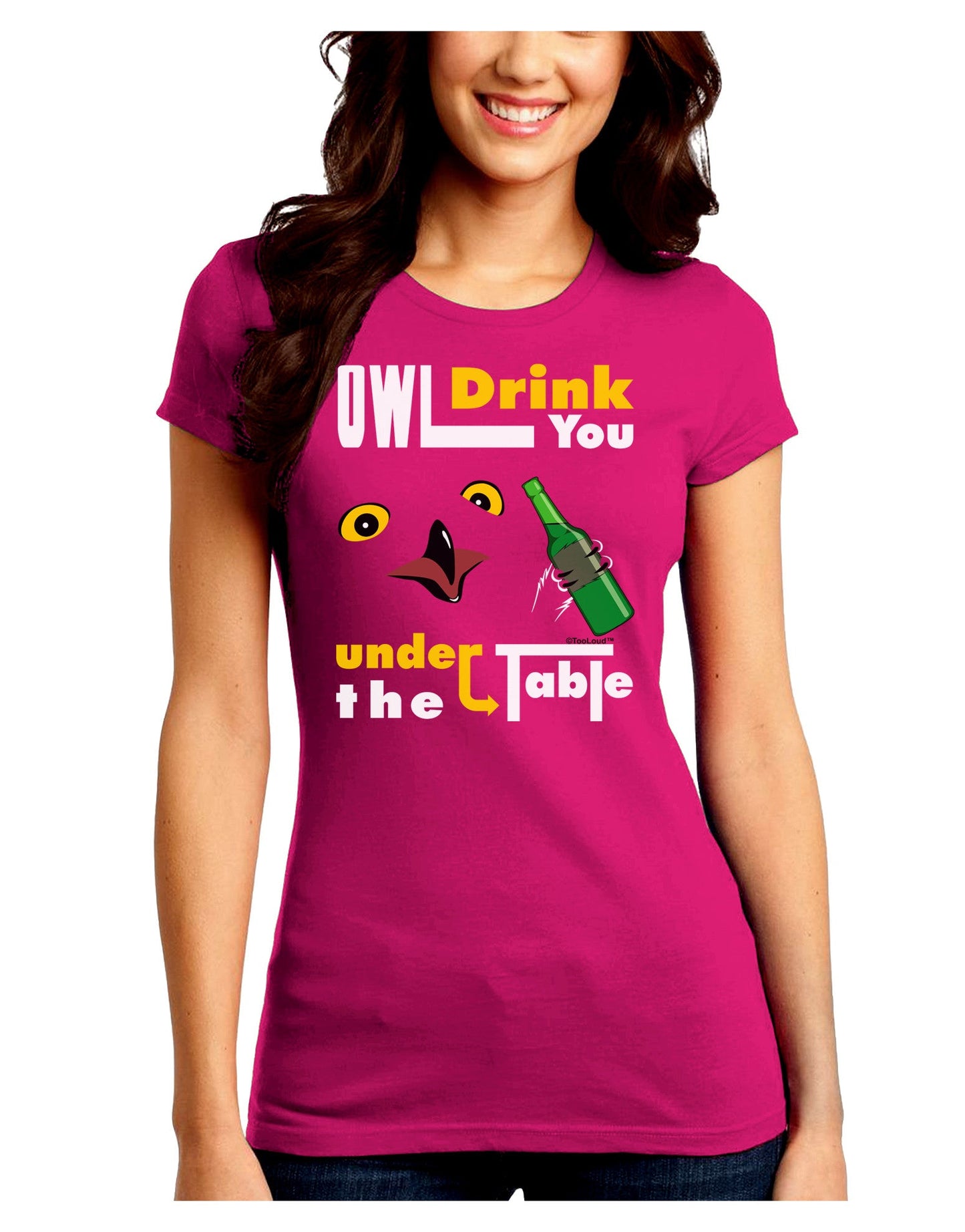 Owl Drink You Under the Table Juniors Petite Crew Dark T-Shirt-T-Shirts Juniors Tops-TooLoud-Hot-Pink-Juniors Fitted Small-Davson Sales