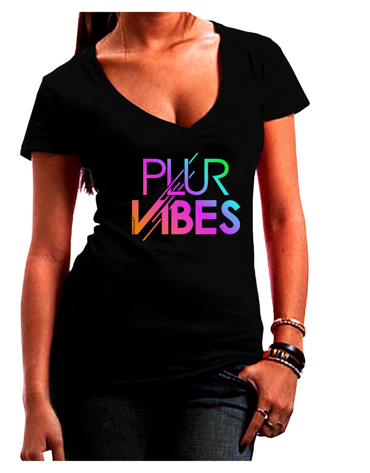 PLUR Vibes Womens V-Neck Dark T-Shirt-Womens V-Neck T-Shirts-TooLoud-Black-Juniors Fitted Small-Davson Sales