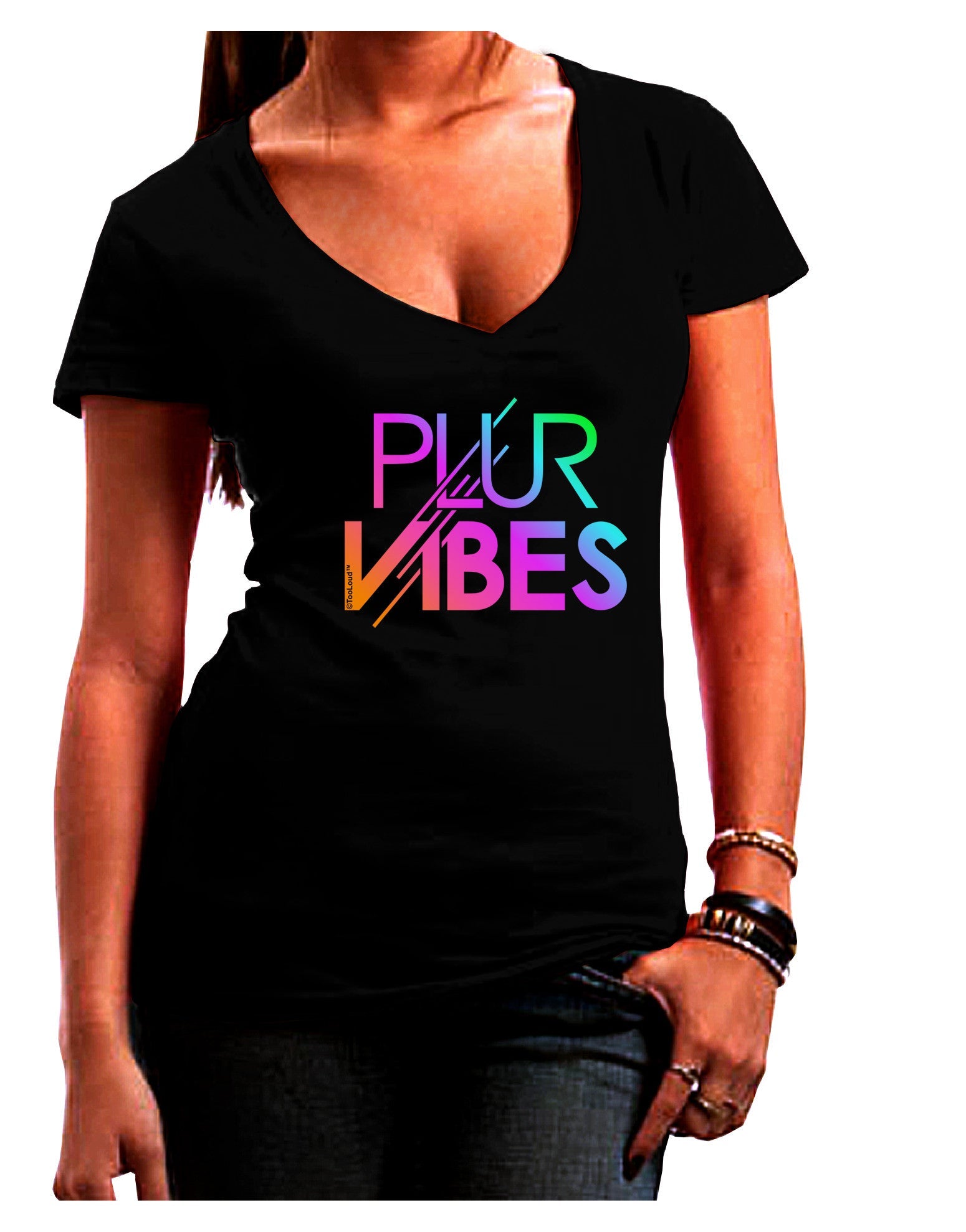 PLUR Vibes Womens V-Neck Dark T-Shirt-Womens V-Neck T-Shirts-TooLoud-Black-Juniors Fitted Small-Davson Sales