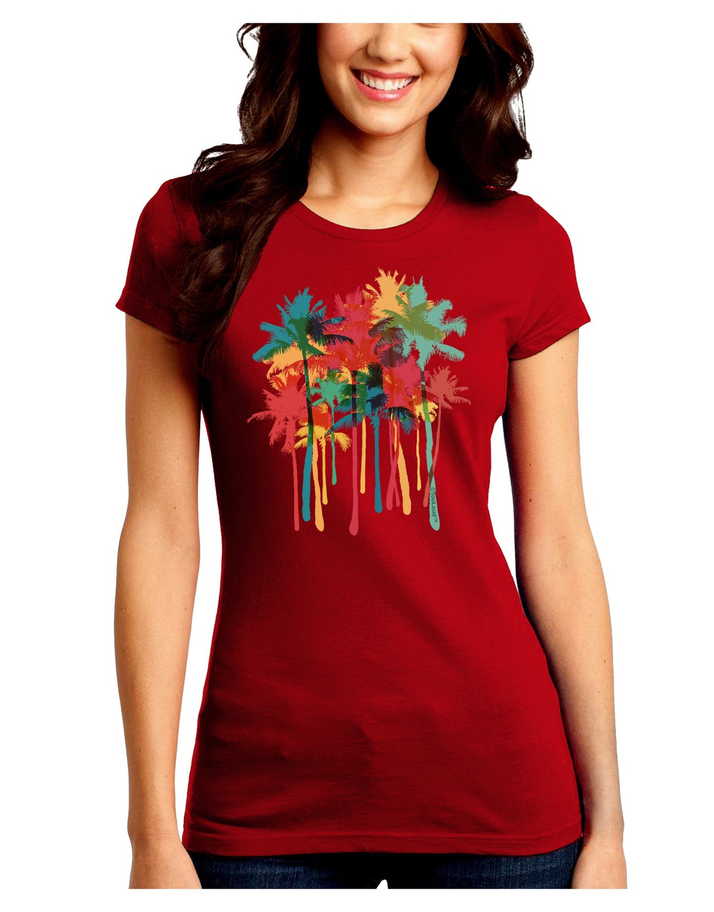 Paint Splash Palm Trees Juniors Petite Crew Dark T-Shirt-T-Shirts Juniors Tops-TooLoud-Red-Juniors Fitted Small-Davson Sales