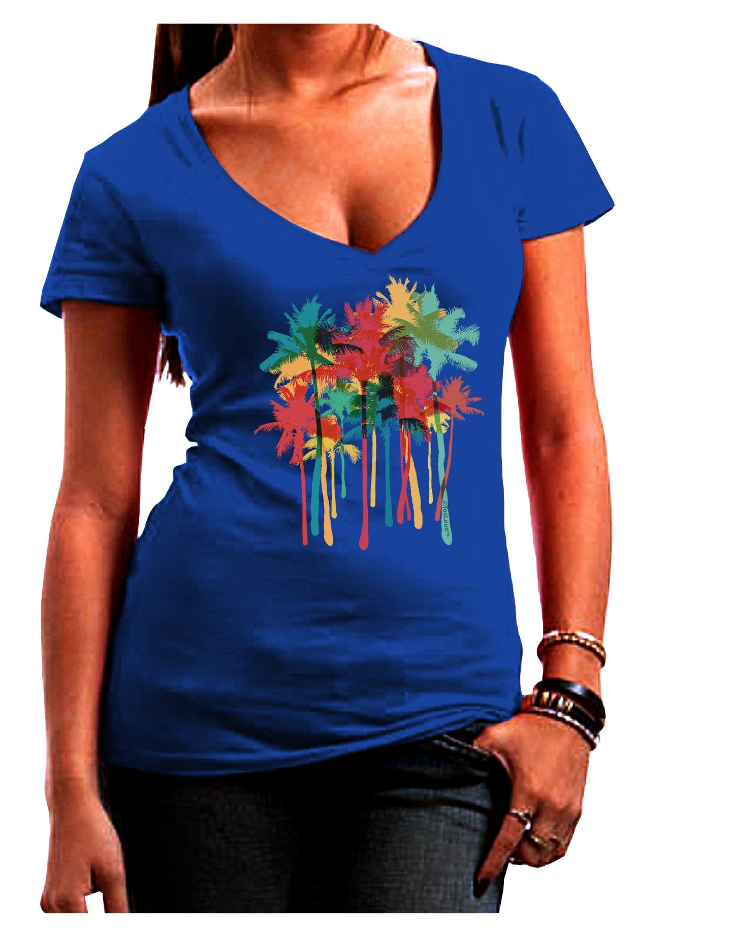 Paint Splash Palm Trees Womens V-Neck Dark T-Shirt-Womens V-Neck T-Shirts-TooLoud-Royal-Blue-Juniors Fitted Small-Davson Sales