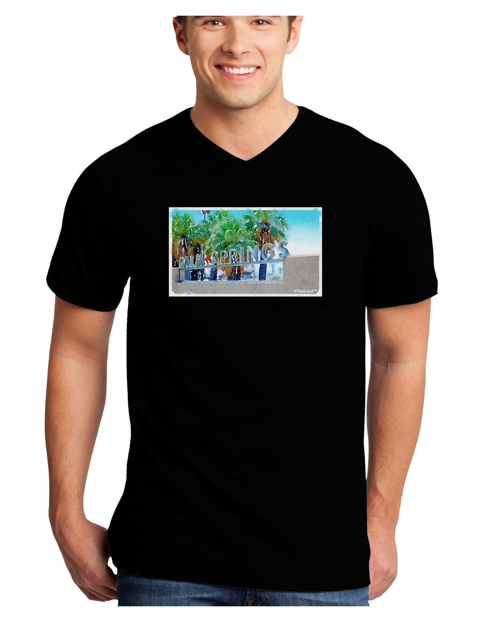 Palm Springs Watercolor Adult Dark V-Neck T-Shirt-TooLoud-Black-Small-Davson Sales