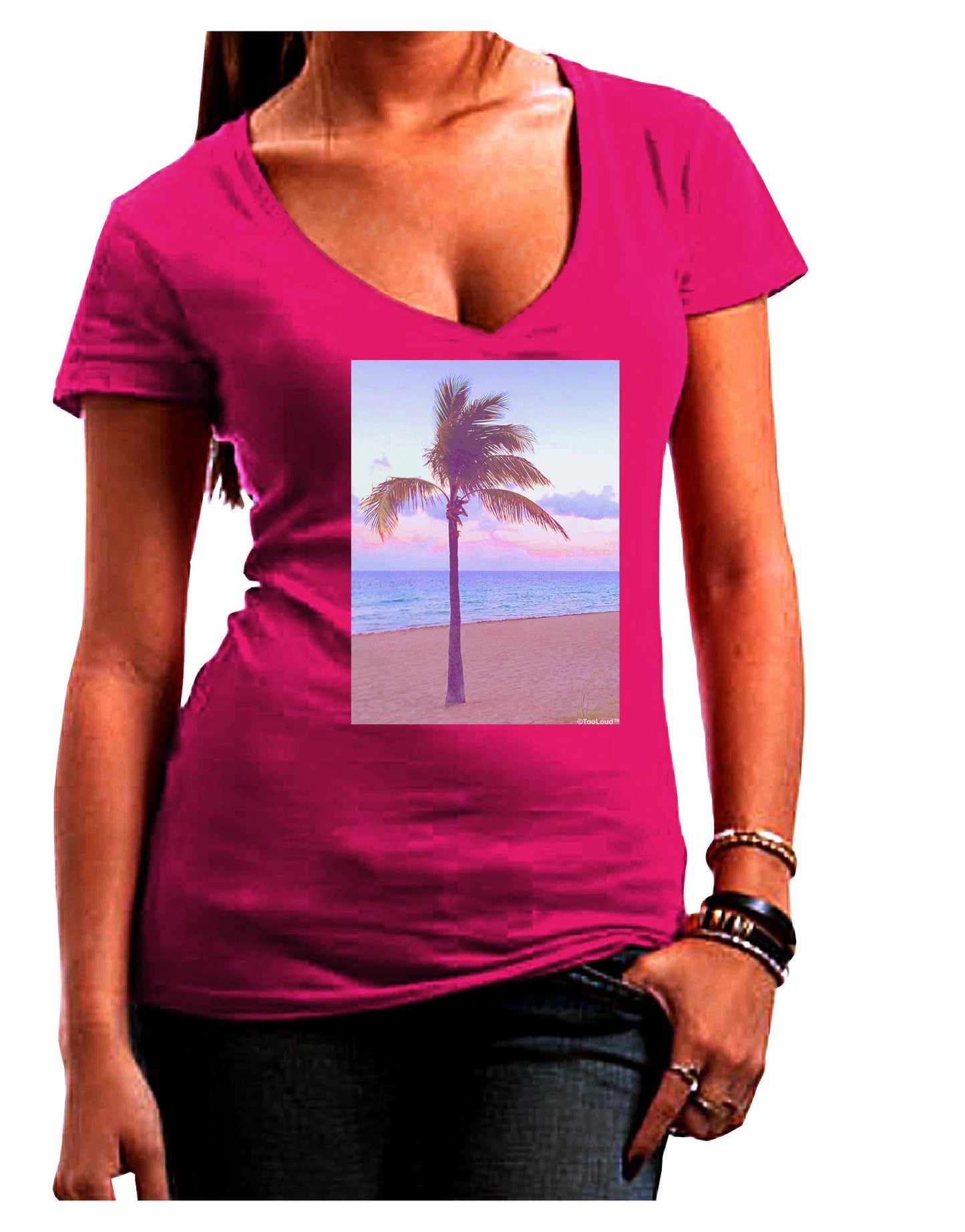 Palm Tree Beach Filter Womens V-Neck Dark T-Shirt-Womens V-Neck T-Shirts-TooLoud-Hot-Pink-Juniors Fitted Small-Davson Sales