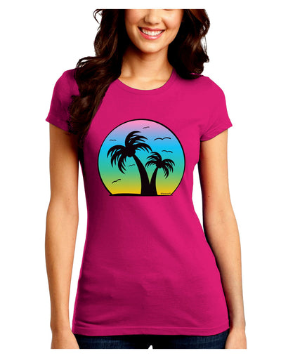 Palm Trees Silhouette - Beach Sunset Design Juniors Crew Dark T-Shirt-T-Shirts Juniors Tops-TooLoud-Hot-Pink-Juniors Fitted Small-Davson Sales