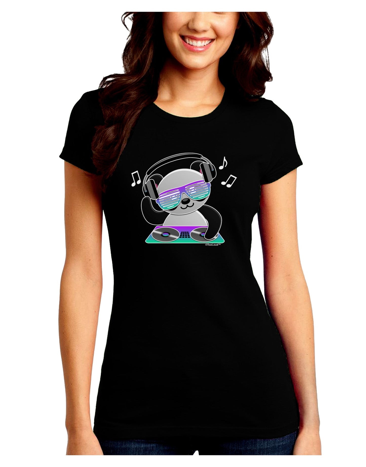 Panda DJ Juniors Petite Crew Dark T-Shirt-T-Shirts Juniors Tops-TooLoud-Black-Juniors Fitted Small-Davson Sales