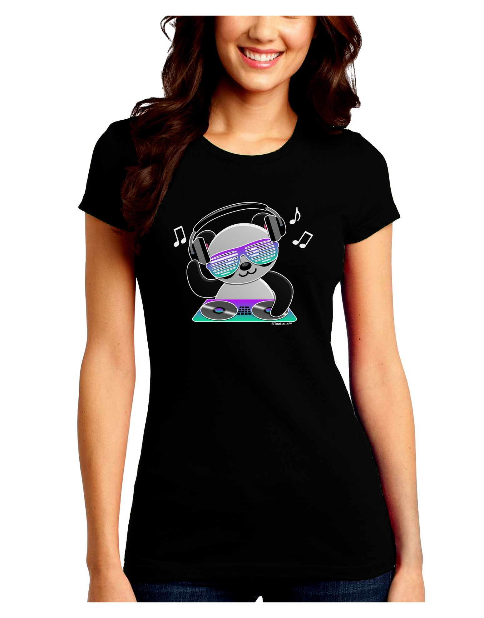 Panda DJ Juniors Petite Crew Dark T-Shirt-T-Shirts Juniors Tops-TooLoud-Black-Juniors Fitted Small-Davson Sales