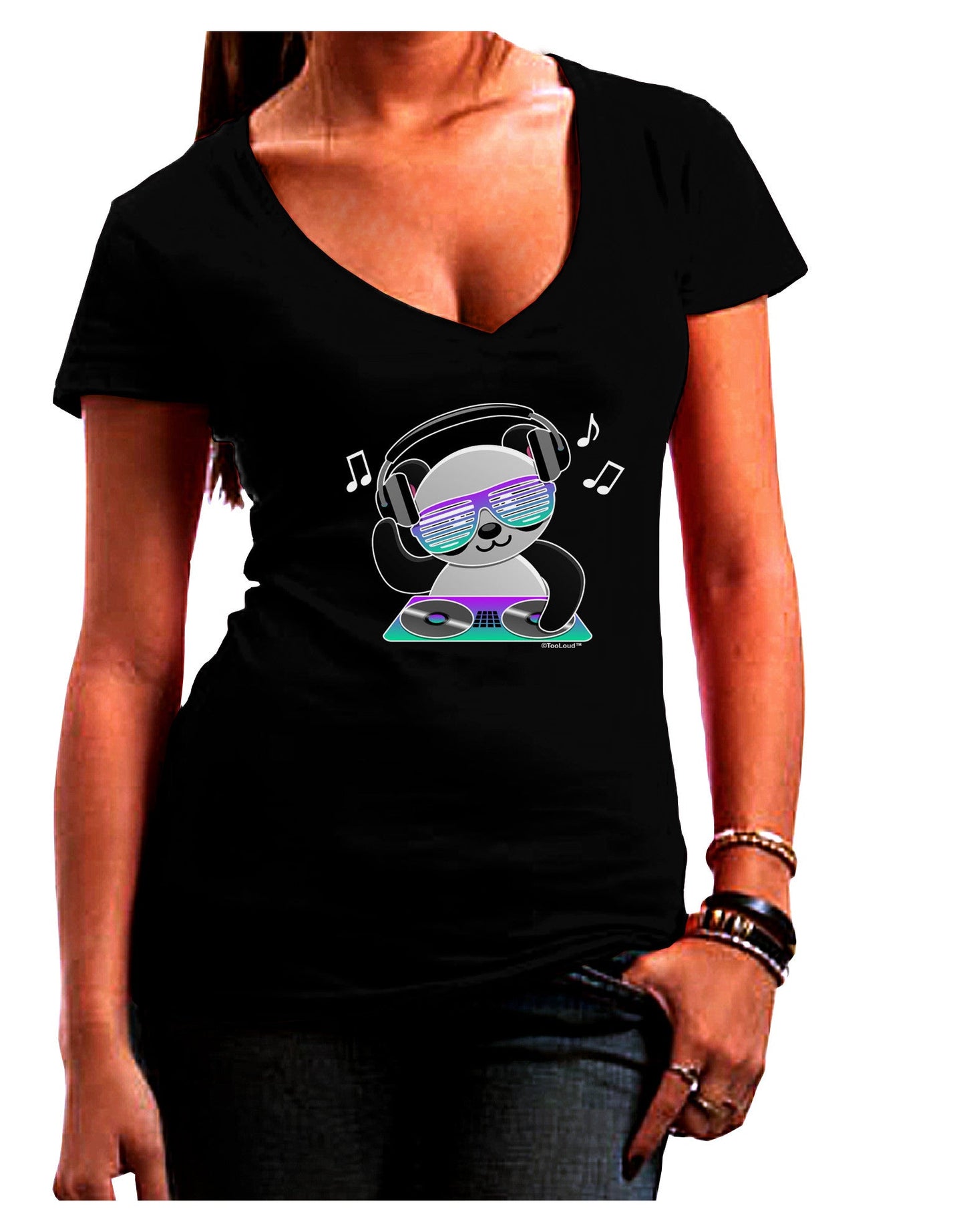 Panda DJ Womens V-Neck Dark T-Shirt-Womens V-Neck T-Shirts-TooLoud-Black-Juniors Fitted Small-Davson Sales