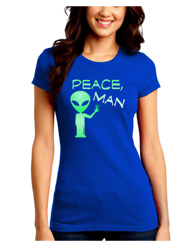 Peace Man Alien Juniors Petite Crew Dark T-Shirt-T-Shirts Juniors Tops-TooLoud-Royal-Blue-Juniors Fitted Small-Davson Sales