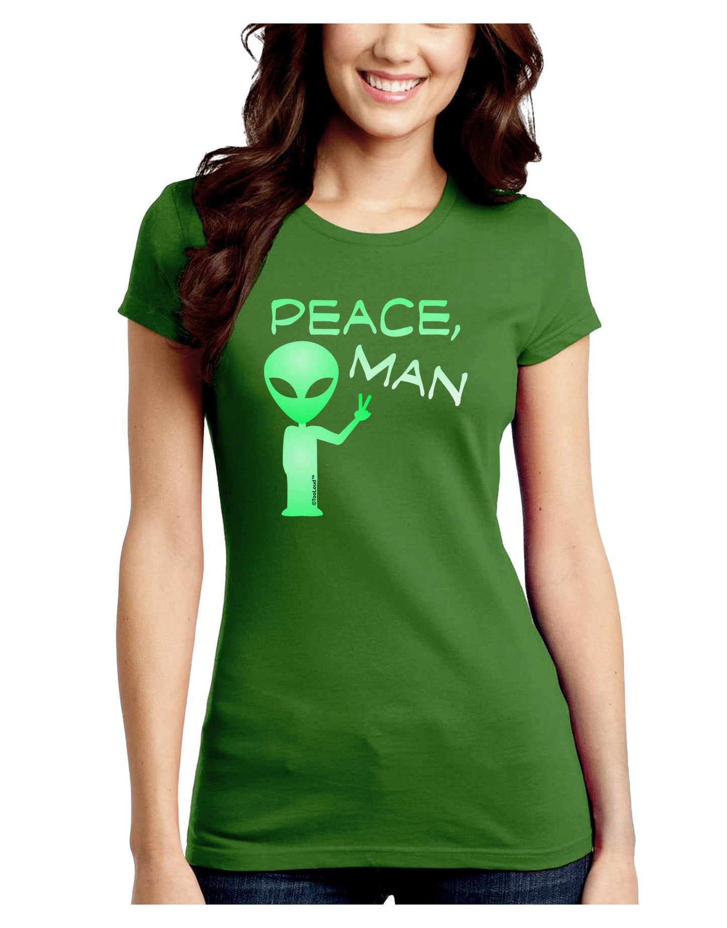 Peace Man Alien Juniors Petite Crew Dark T-Shirt-T-Shirts Juniors Tops-TooLoud-Kiwi-Green-Juniors Fitted Small-Davson Sales
