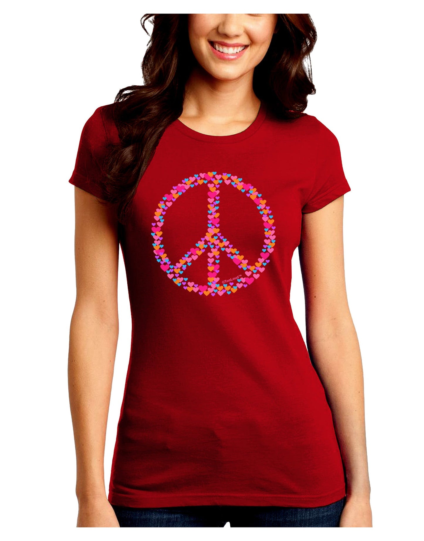 Peace Sign Hearts Juniors Petite Crew Dark T-Shirt-T-Shirts Juniors Tops-TooLoud-Red-Juniors Fitted Small-Davson Sales