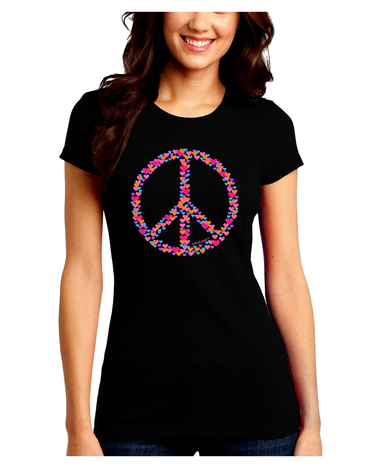Peace Sign Hearts Juniors Petite Crew Dark T-Shirt-T-Shirts Juniors Tops-TooLoud-Black-Juniors Fitted Small-Davson Sales