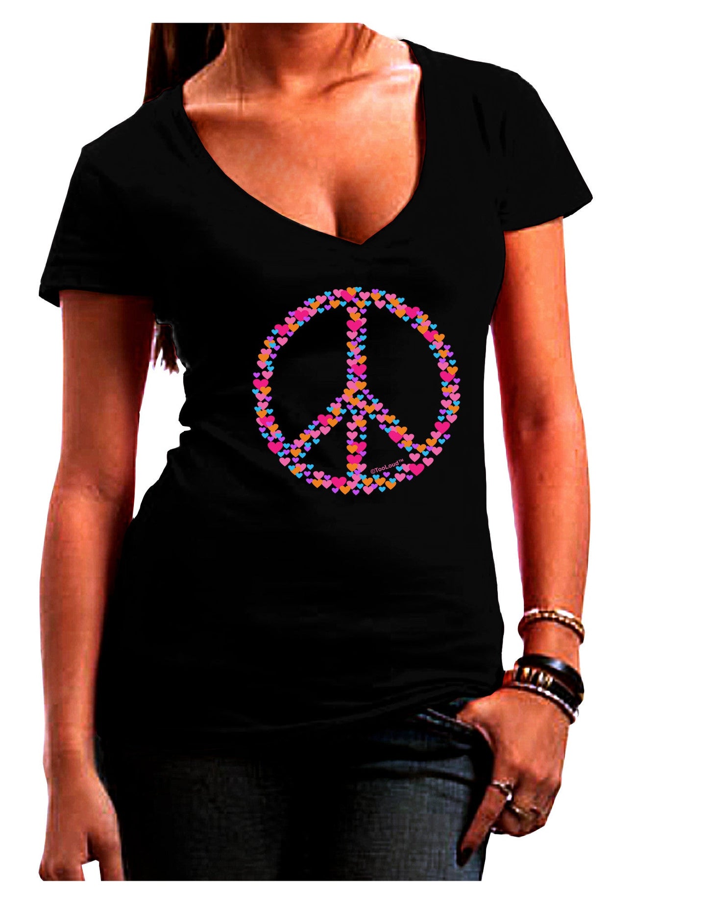 Peace Sign Hearts Womens V-Neck Dark T-Shirt-Womens V-Neck T-Shirts-TooLoud-Black-Juniors Fitted Small-Davson Sales