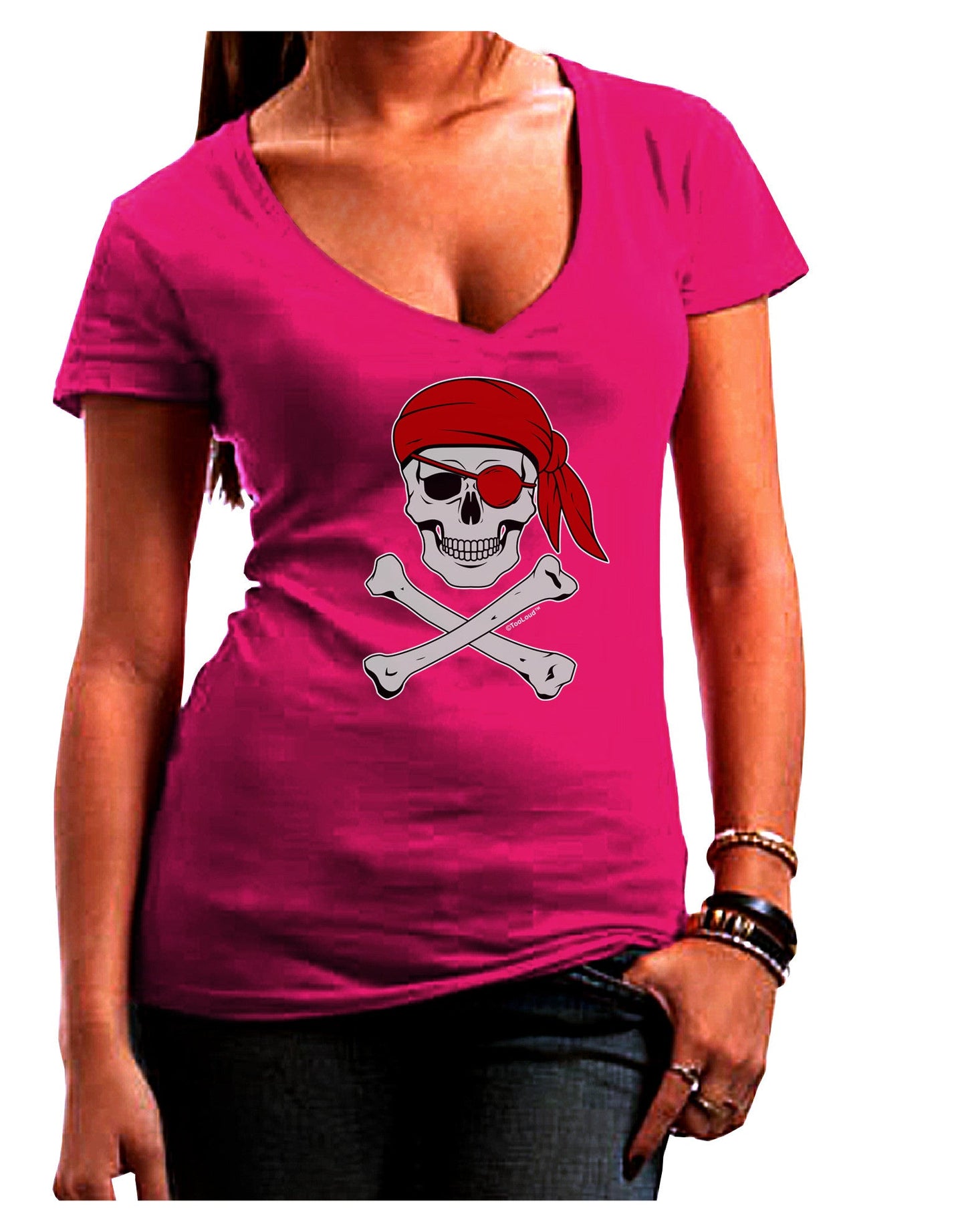 Pirate Skull Womens V-Neck Dark T-Shirt-Womens V-Neck T-Shirts-TooLoud-Hot-Pink-Juniors Fitted Small-Davson Sales