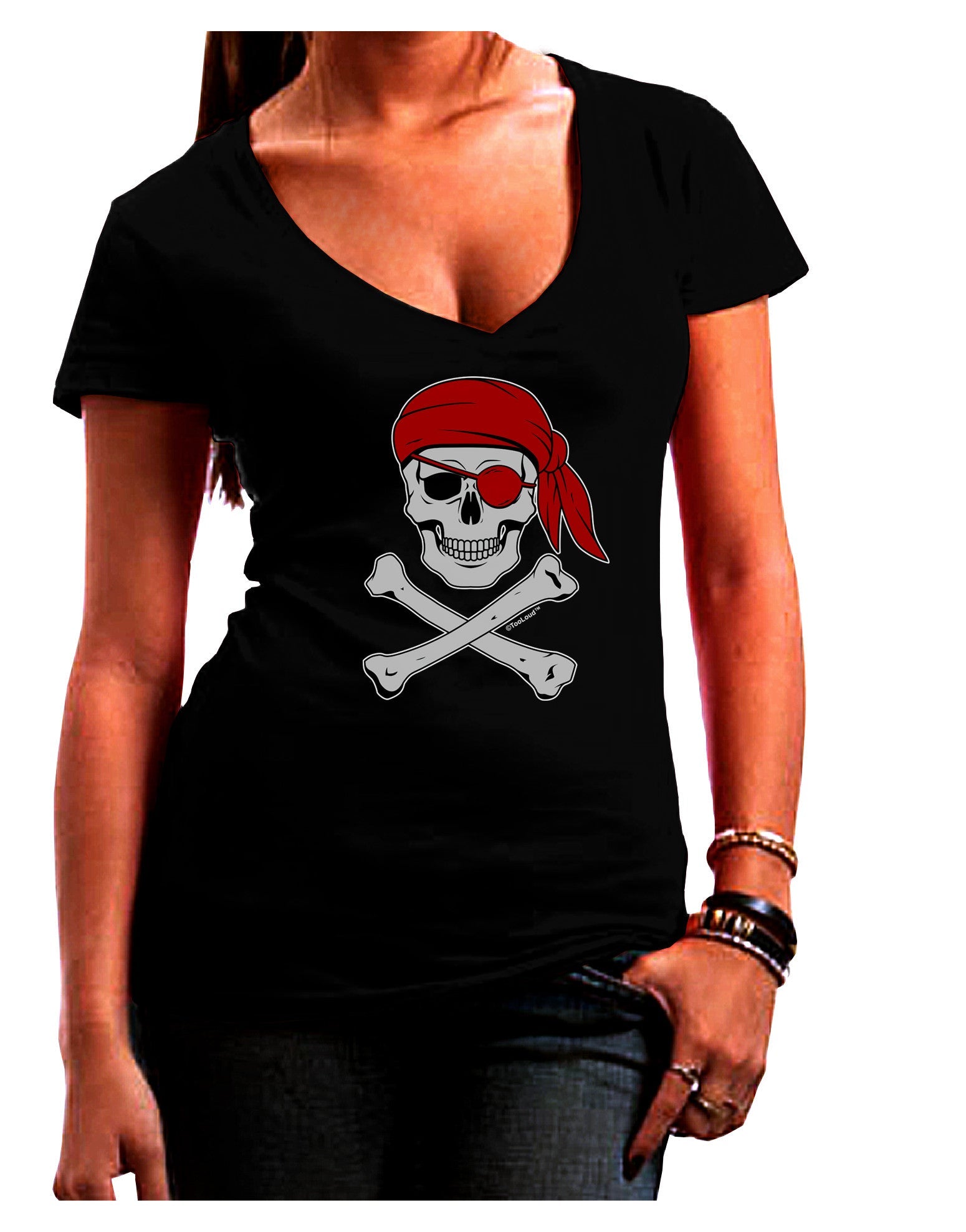 Pirate Skull Womens V-Neck Dark T-Shirt-Womens V-Neck T-Shirts-TooLoud-Black-Juniors Fitted Small-Davson Sales