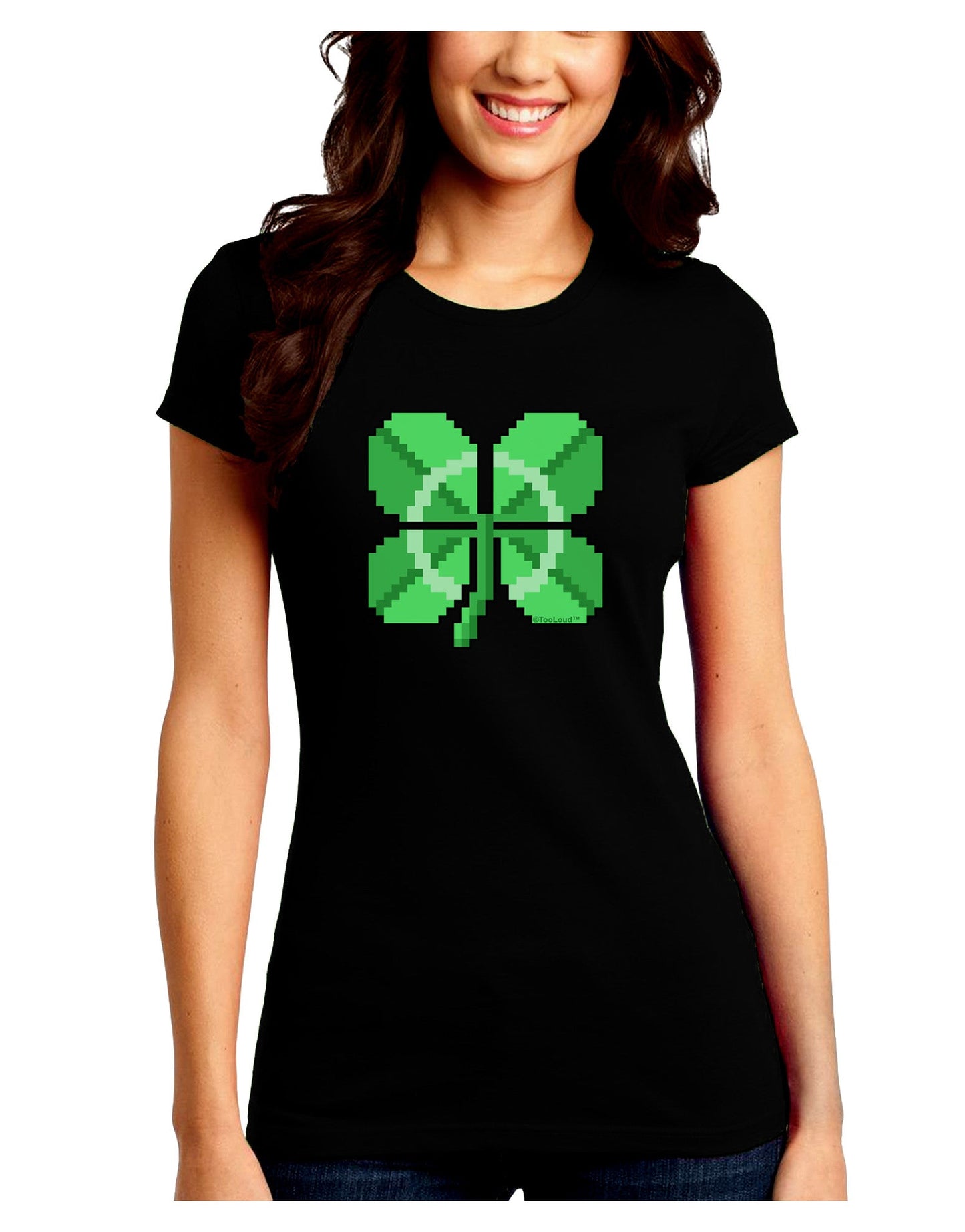 Pixel Four Leaf Clover Juniors Petite Crew Dark T-Shirt-T-Shirts Juniors Tops-TooLoud-Black-Juniors Fitted Small-Davson Sales