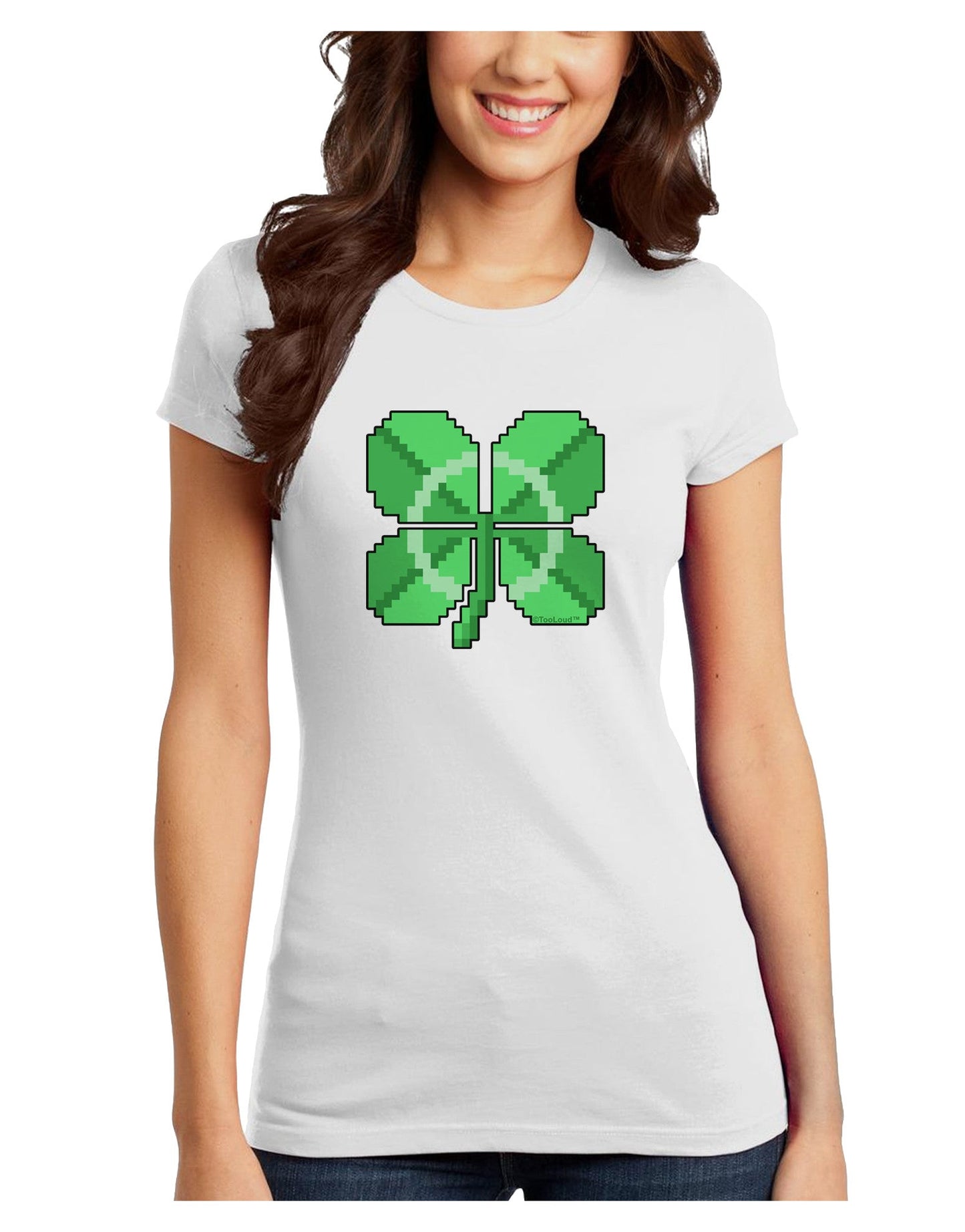 Pixel Four Leaf Clover Juniors Petite T-Shirt-T-Shirts Juniors Tops-TooLoud-White-Juniors Fitted X-Small-Davson Sales