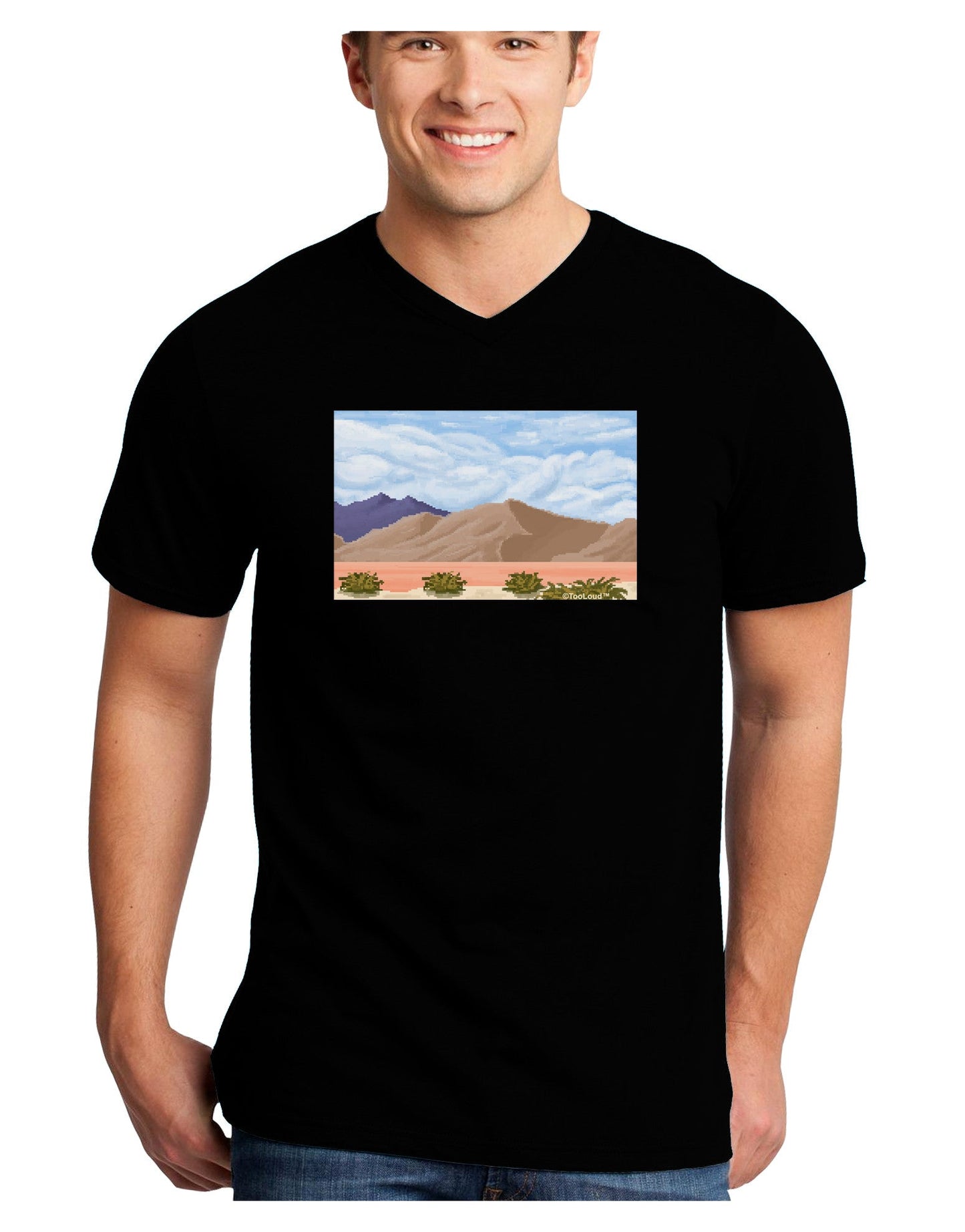 Pixel Landscape - Desert Adult Dark V-Neck T-Shirt-TooLoud-Black-Small-Davson Sales