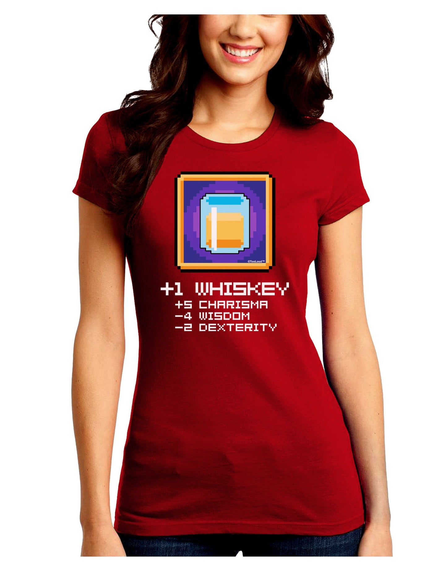 Pixel Whiskey Item Juniors Petite Crew Dark T-Shirt-T-Shirts Juniors Tops-TooLoud-Red-Juniors Fitted Small-Davson Sales