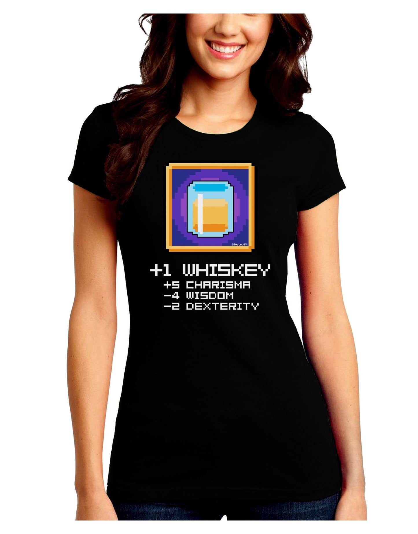 Pixel Whiskey Item Juniors Petite Crew Dark T-Shirt-T-Shirts Juniors Tops-TooLoud-Black-Juniors Fitted Small-Davson Sales