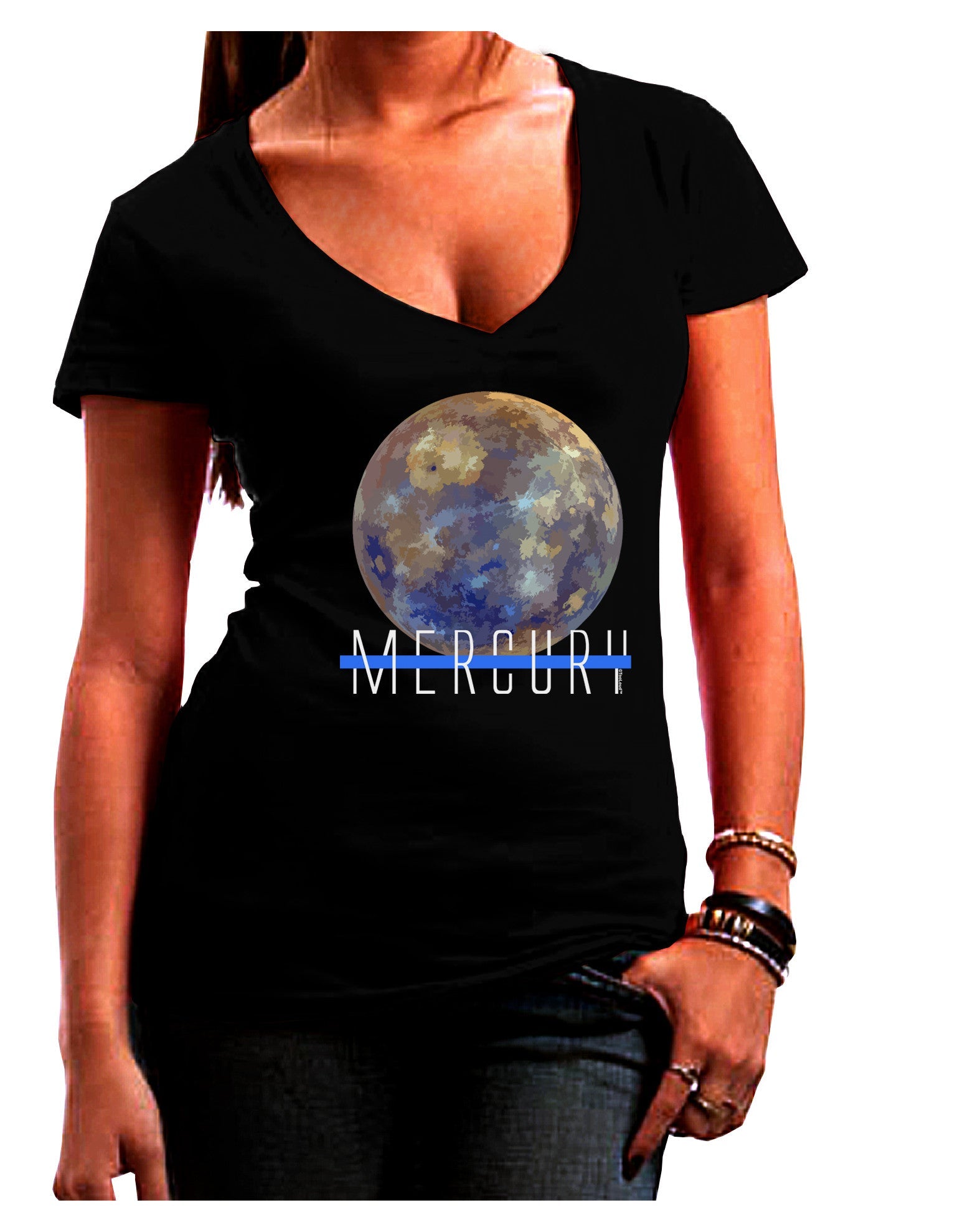 Planet Mercury Text Womens V-Neck Dark T-Shirt-Womens V-Neck T-Shirts-TooLoud-Black-Juniors Fitted Small-Davson Sales