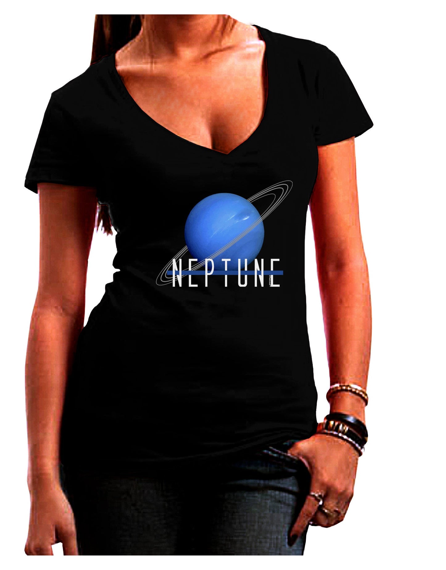 Planet Neptune Text Dark Womens V-Neck Dark T-Shirt-Womens V-Neck T-Shirts-TooLoud-Black-Juniors Fitted Small-Davson Sales